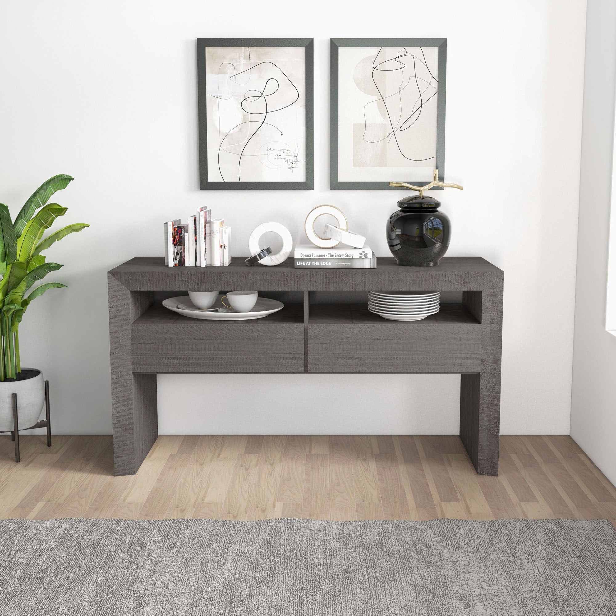 Modern Farmhouse Buffet Storage Cabinet in dark gray with two drawers, perfect for coffee bar and stylish storage.