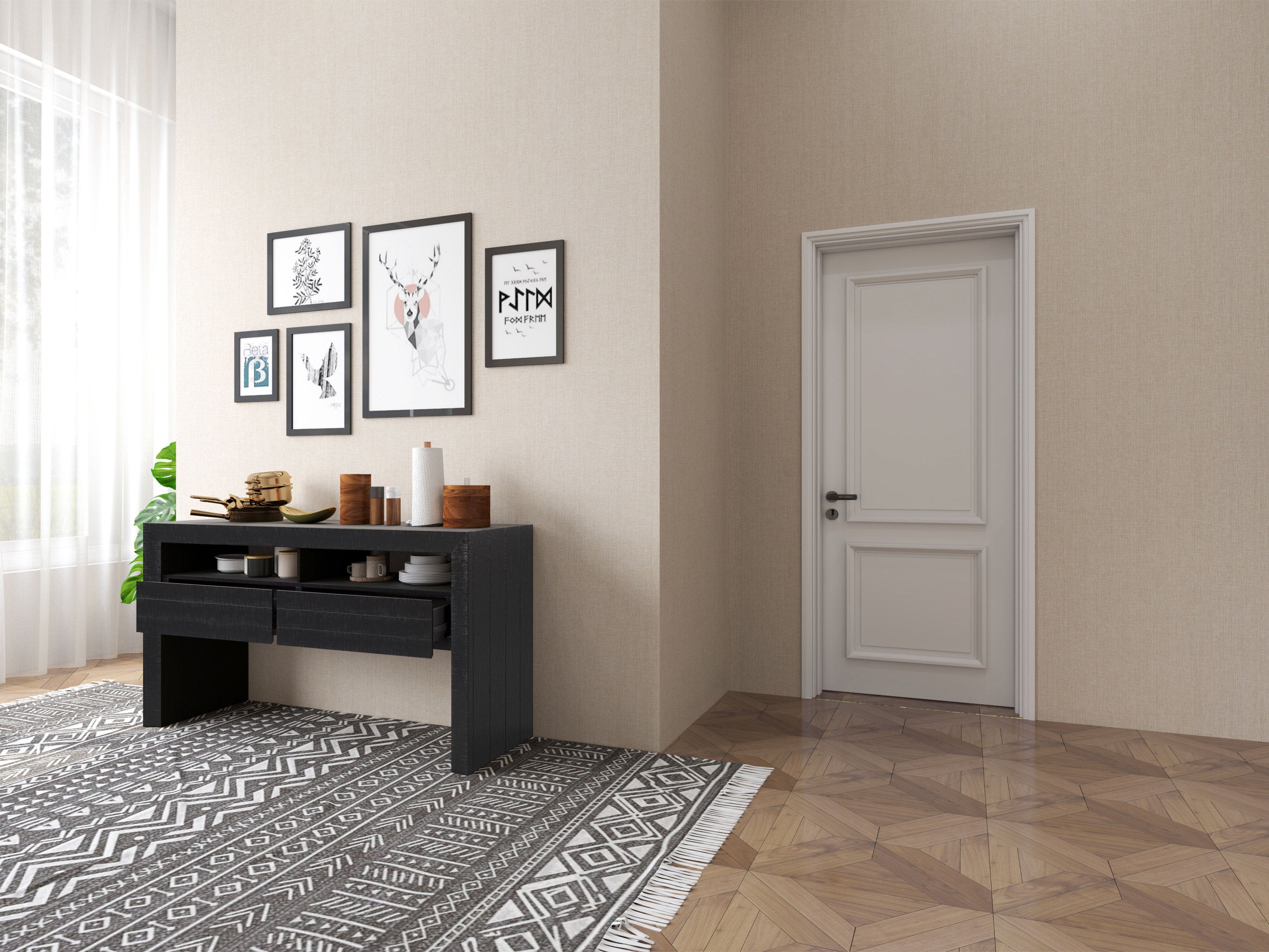 Modern Farmhouse Buffet Storage Cabinet in dark gray with two drawers, perfect for coffee bar and stylish storage.