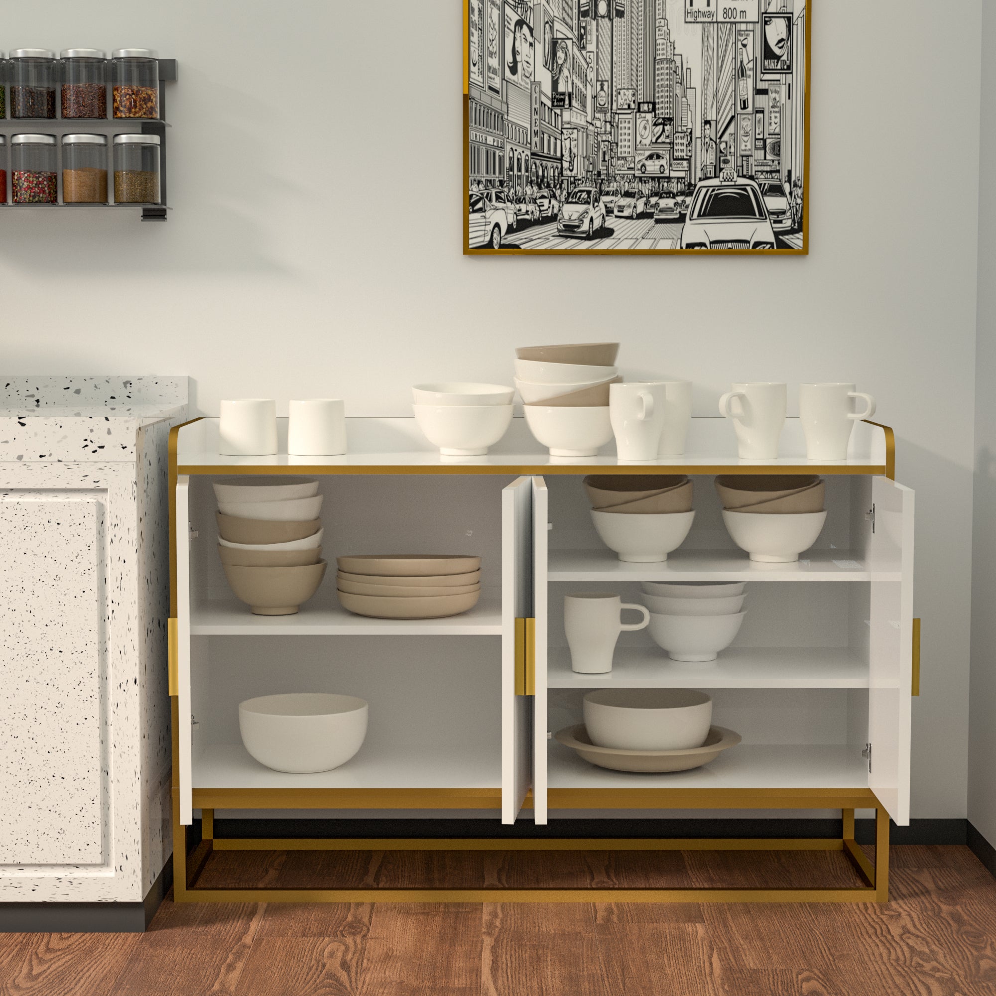 Modern Kitchen Buffet Storage Cabinet in White Gloss with Metal Legs, showcasing its sleek design and elegant finish.