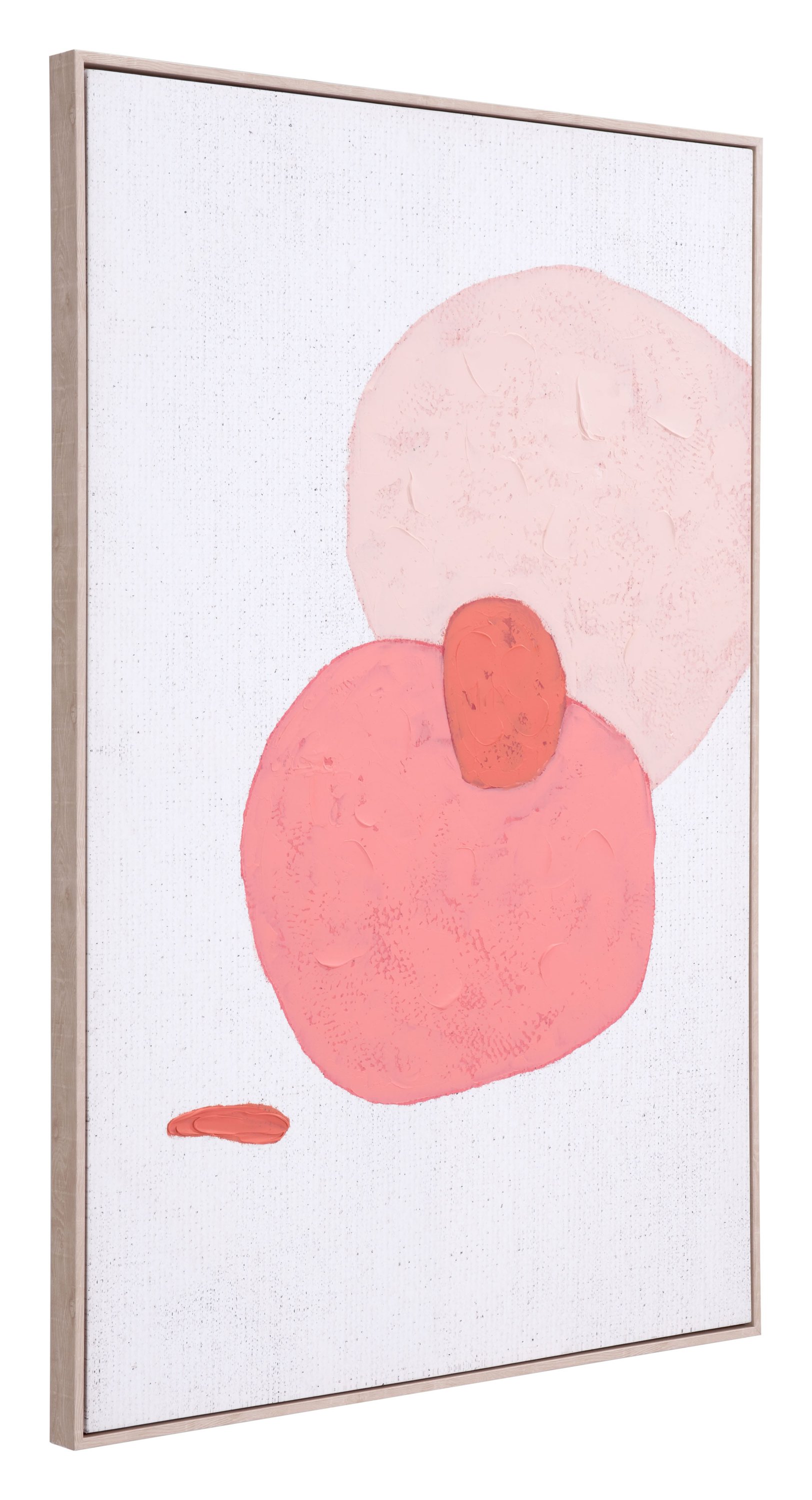 Modern Pink Circles Abstract Canvas art featuring whimsical circles in shades of pink on a cream white background, framed in pinewood.