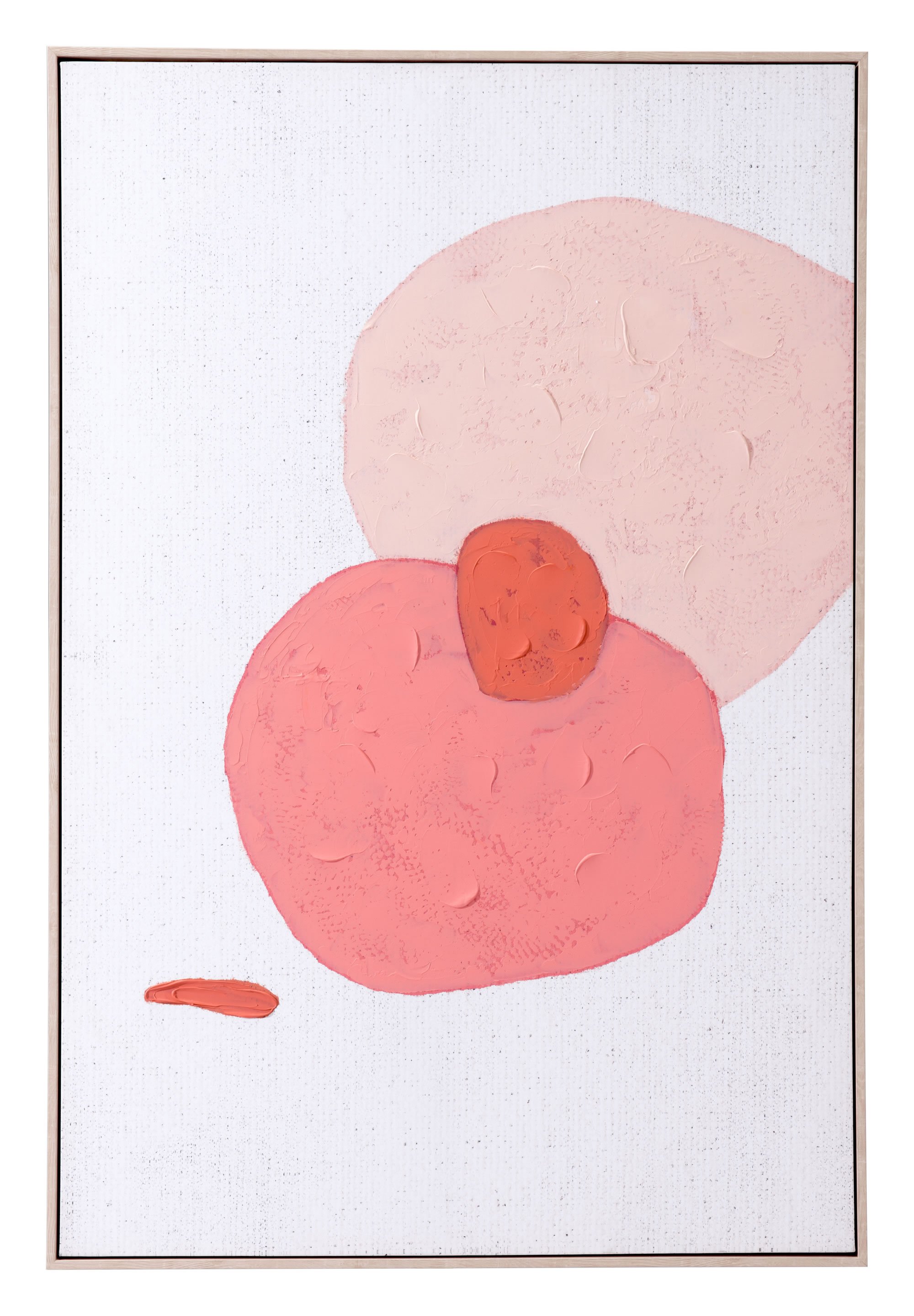 Modern Pink Circles Abstract Canvas art featuring whimsical circles in shades of pink on a cream white background, framed in pinewood.