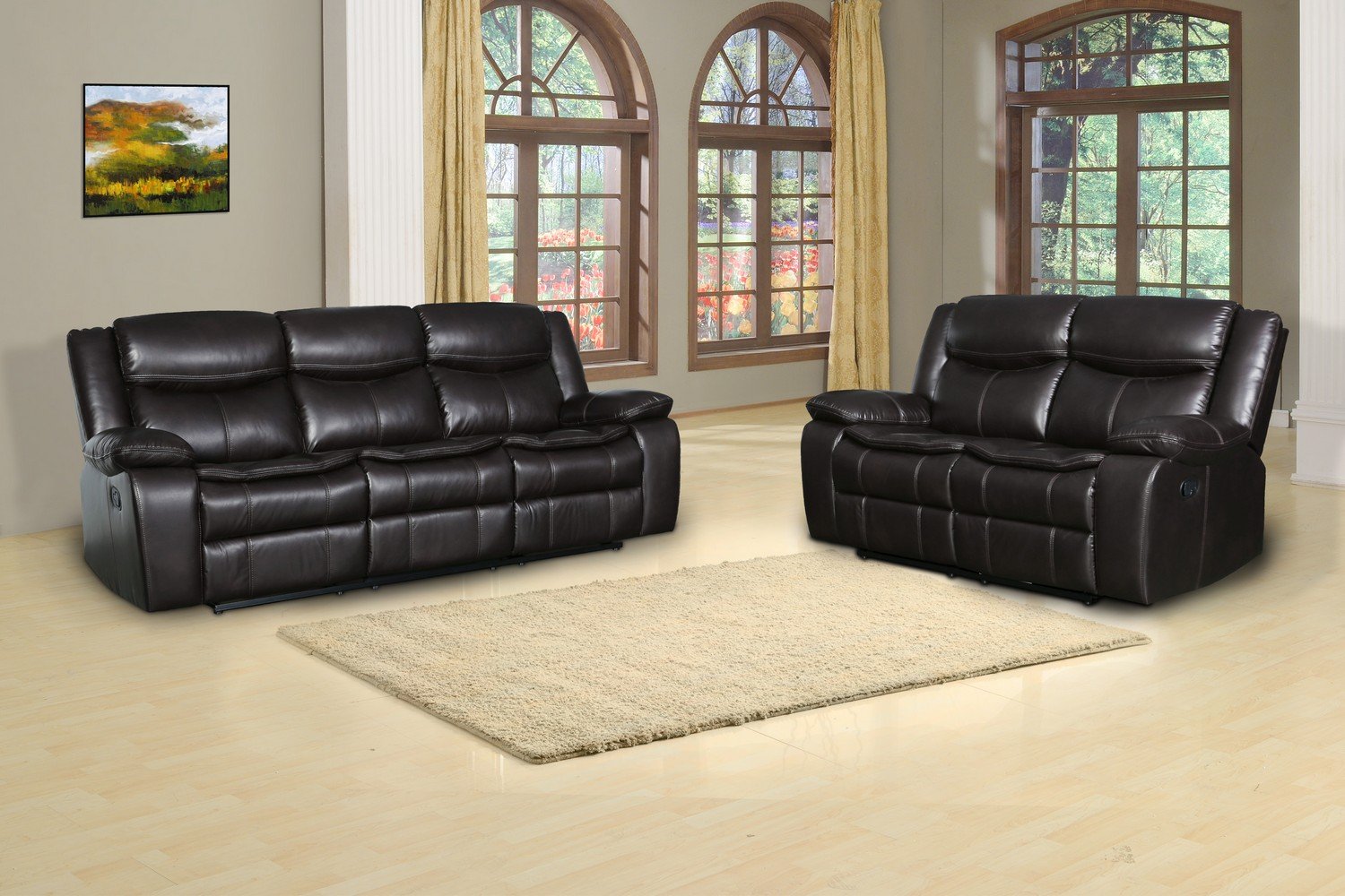 Modern Soft Brown Faux Leather Reclining Sofa with spacious seating and elegant design, perfect for contemporary living rooms.
