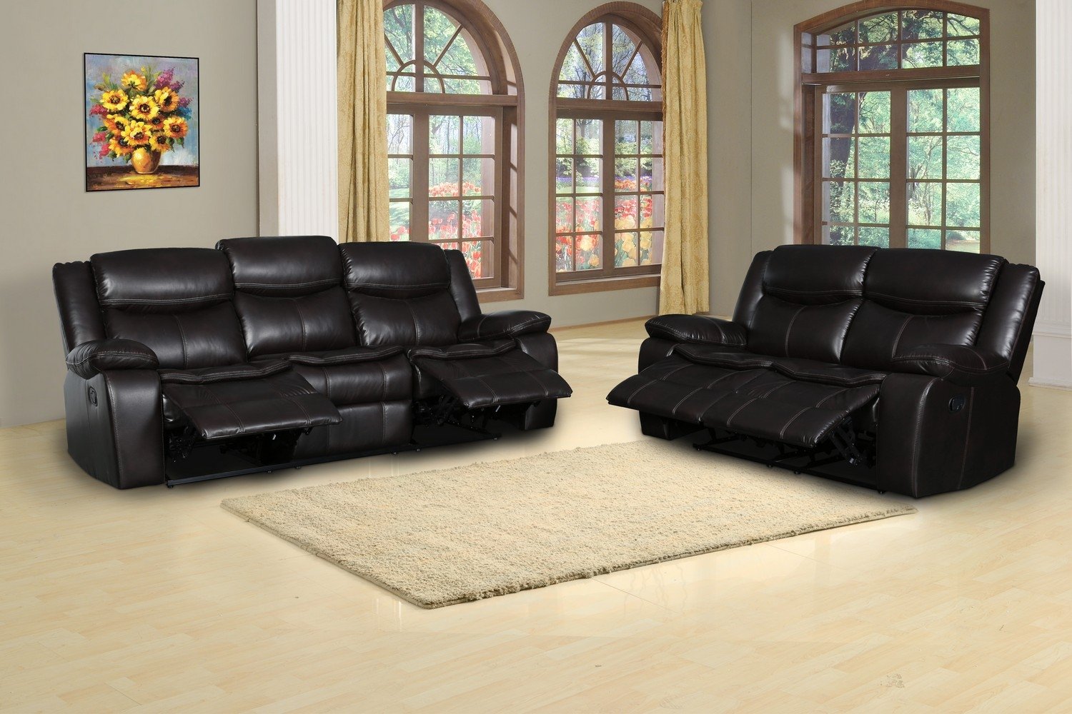 Modern Soft Brown Faux Leather Reclining Sofa with spacious seating and elegant design, perfect for contemporary living rooms.