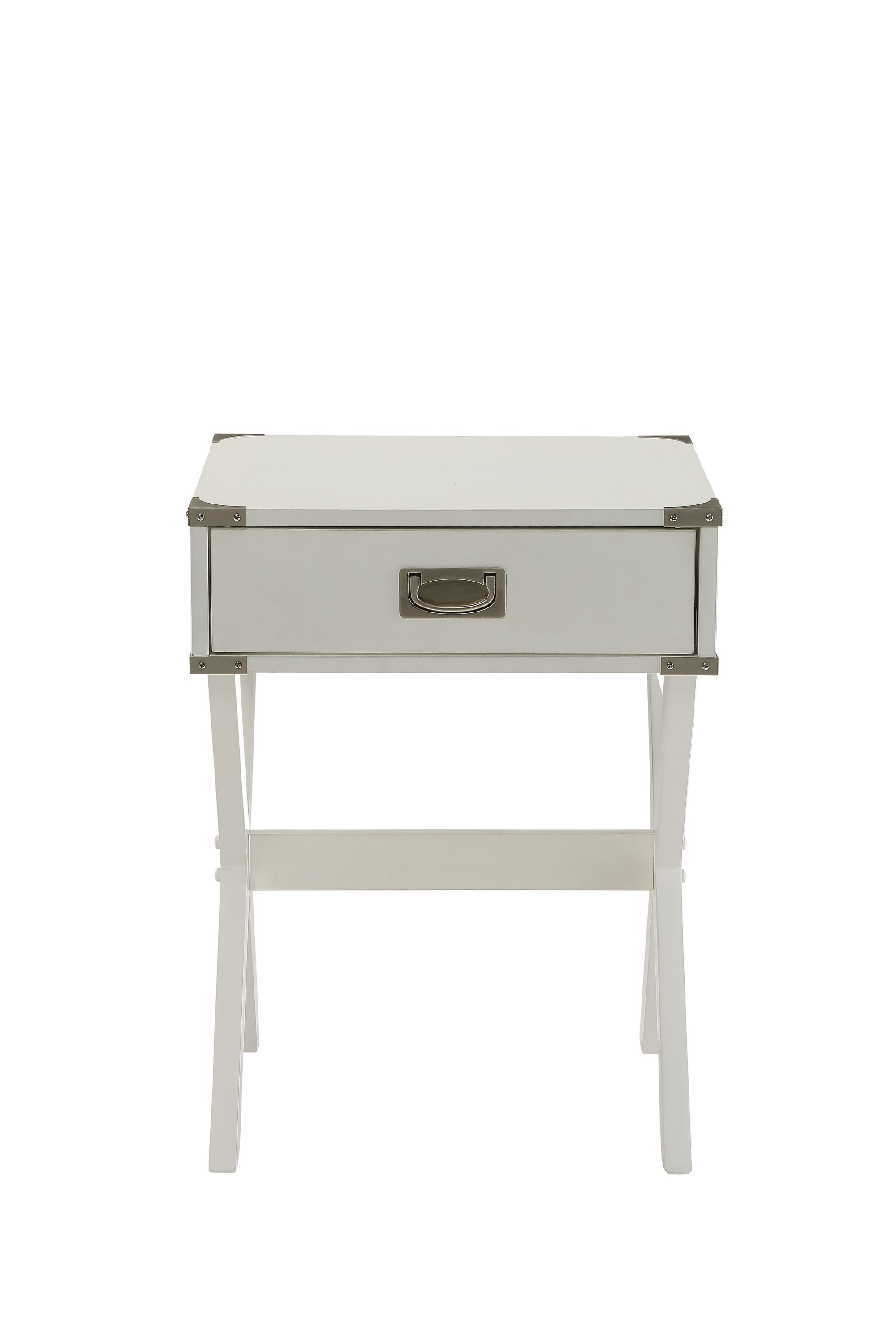 Modern White X Shape Wooden Storage End Table with metal accents and unique design.