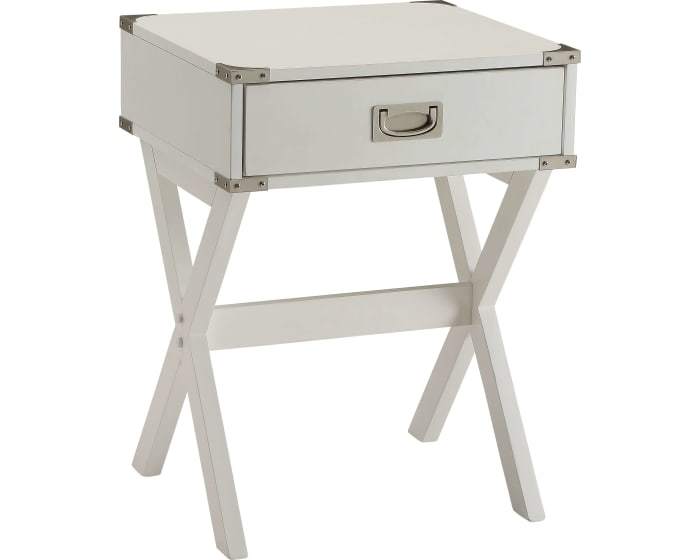 Modern White X Shape Wooden Storage End Table with metal accents and unique design.