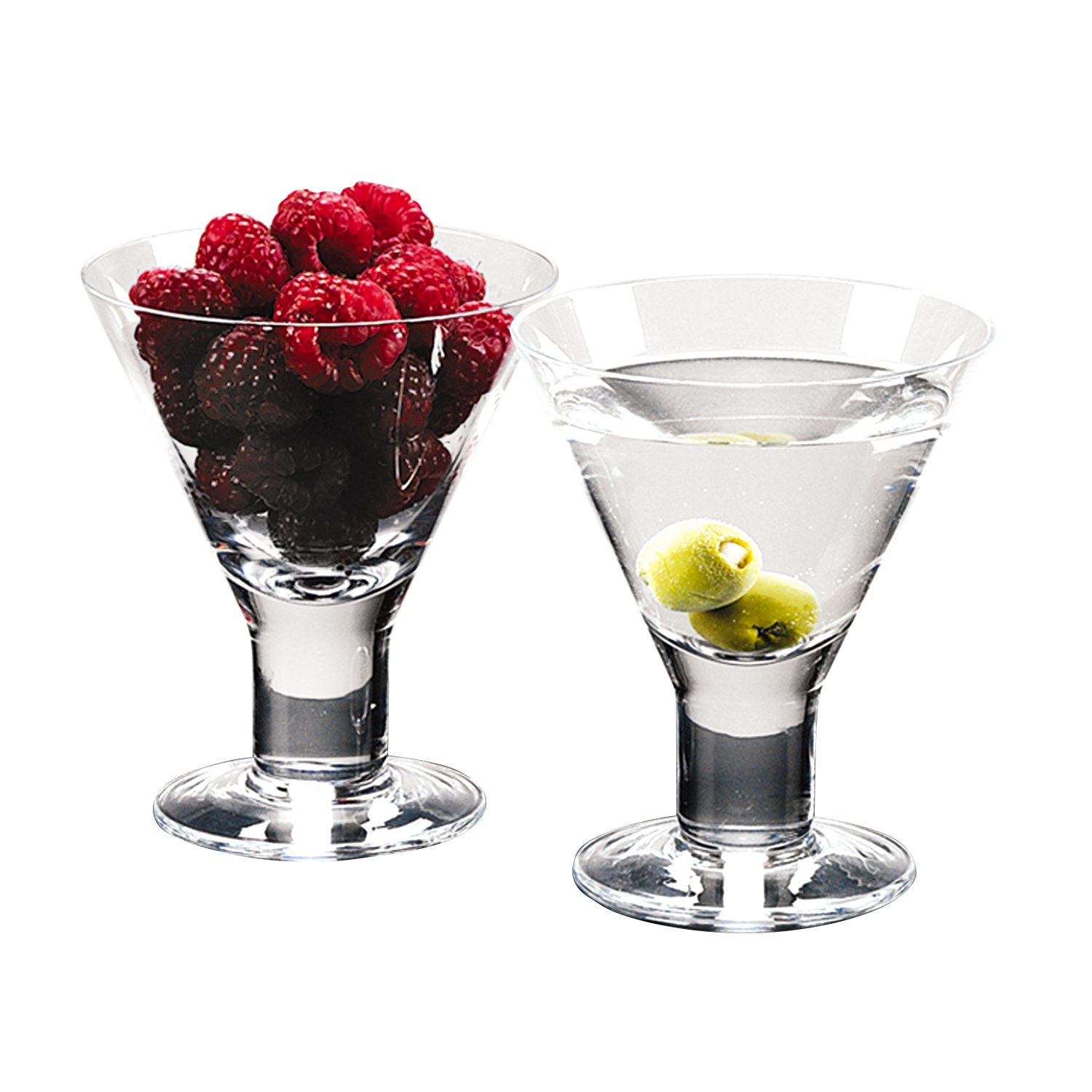 A set of four mouth blown crystal martini or dessert servers, showcasing their elegant design and clear finish, perfect for serving drinks or desserts.
