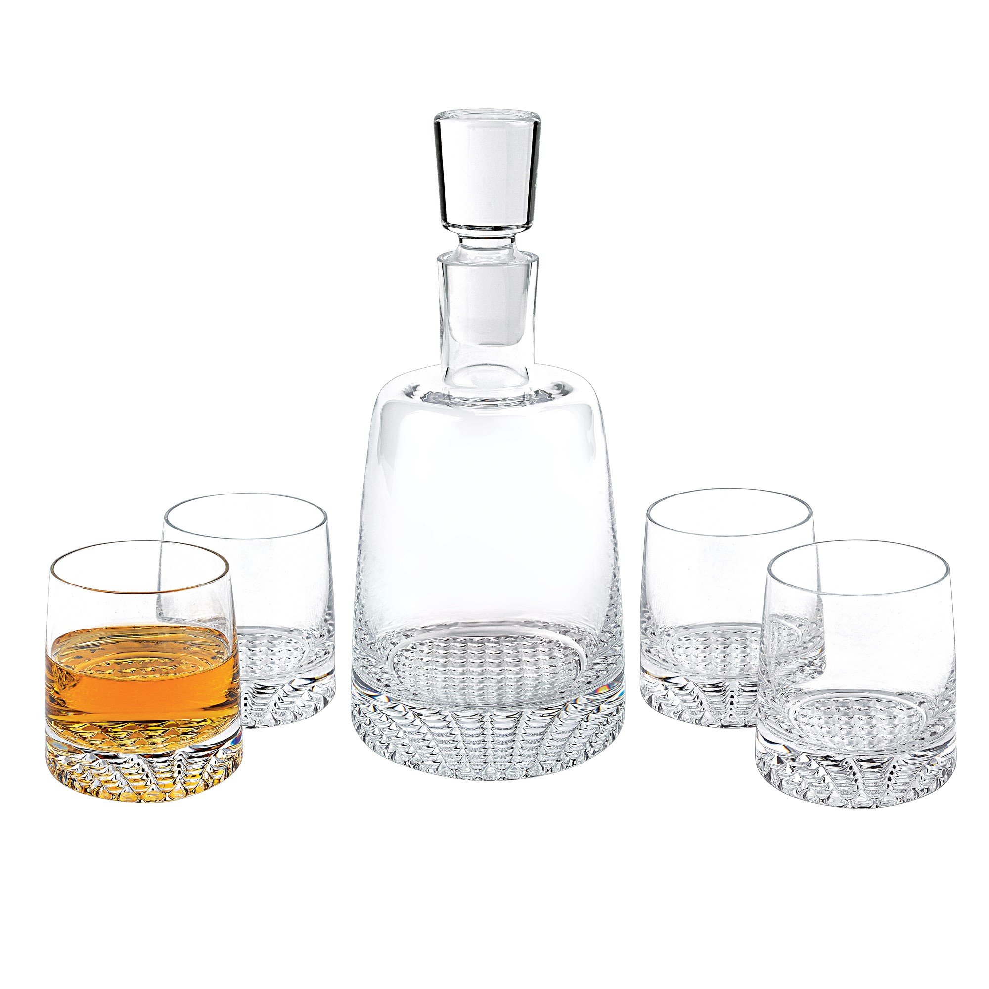 Mouth Blown European Crystal 5 Pc Whiskey Set featuring elegant decanter and glasses, showcasing exquisite craftsmanship and design.