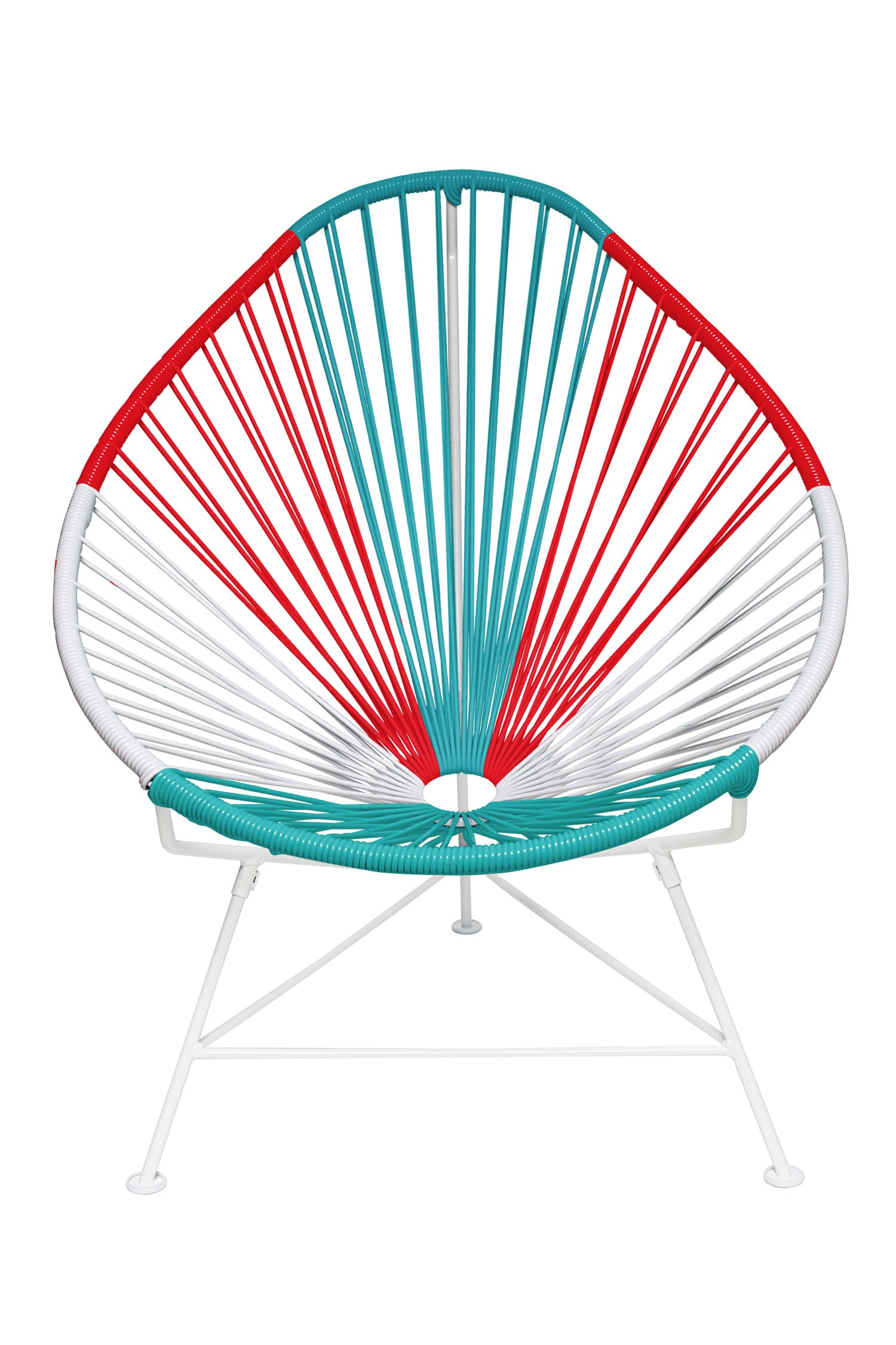 A vibrant set of Multicolor Acapulco Chairs showcasing their unique pear-shaped design and woven vinyl cord.