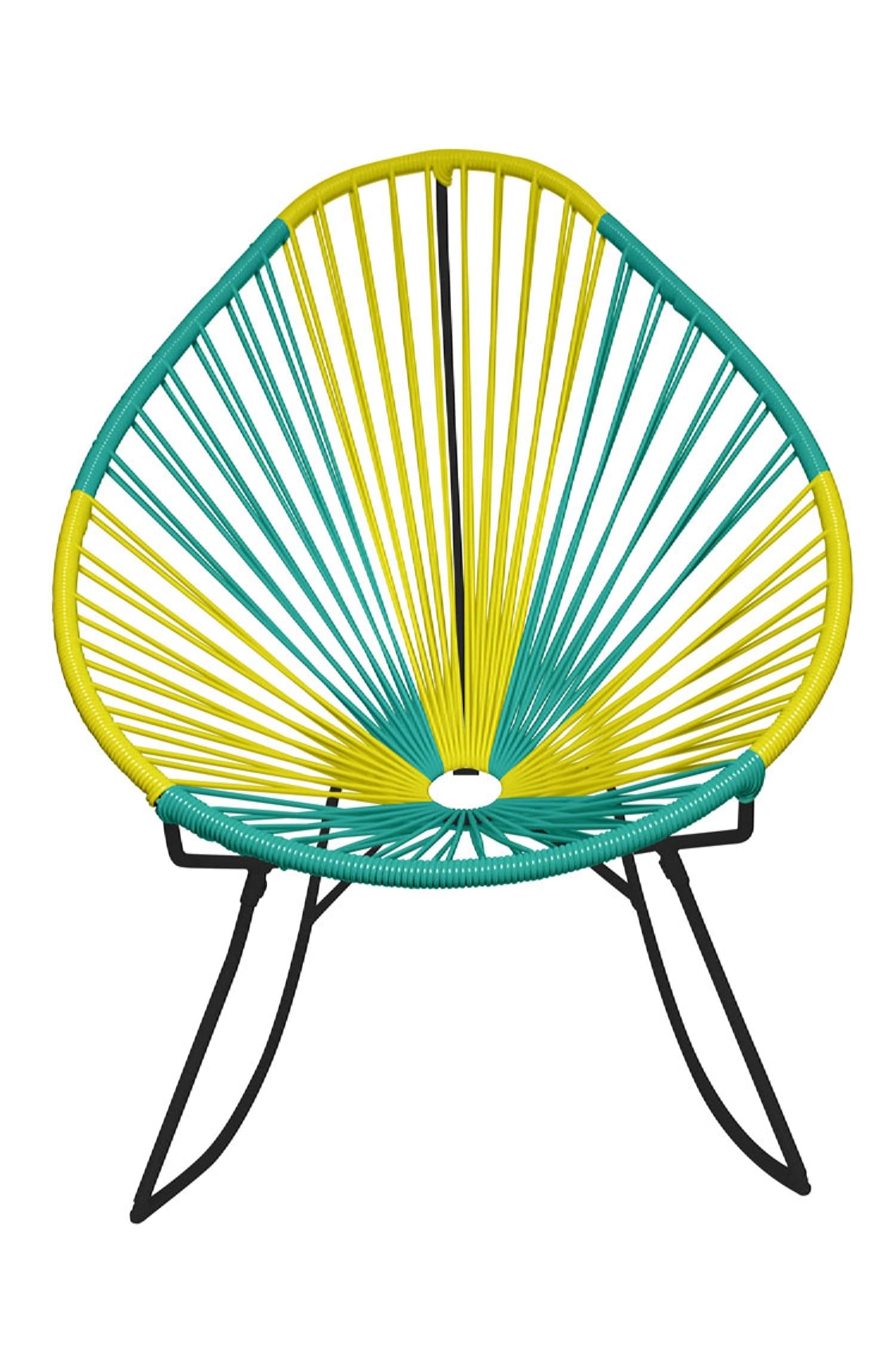 A vibrant set of Multicolor Acapulco Chairs showcasing their unique pear-shaped design and woven vinyl cord.