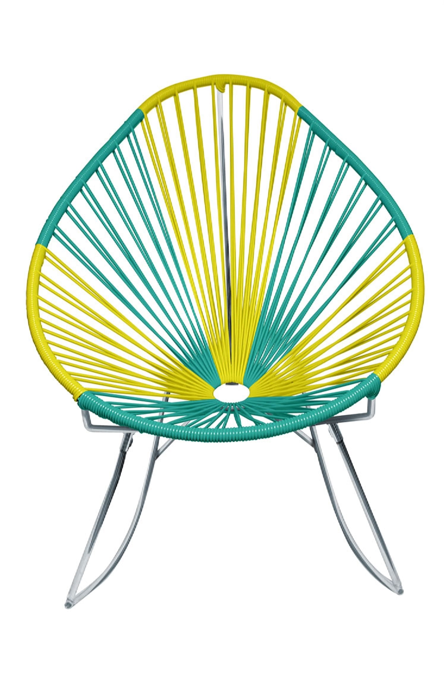 A vibrant set of Multicolor Acapulco Chairs showcasing their unique pear-shaped design and woven vinyl cord.
