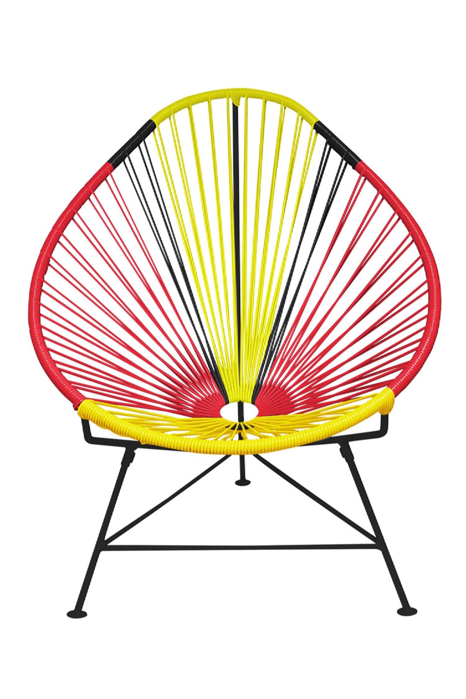 A vibrant set of Multicolor Acapulco Chairs showcasing their unique pear-shaped design and woven vinyl cord.