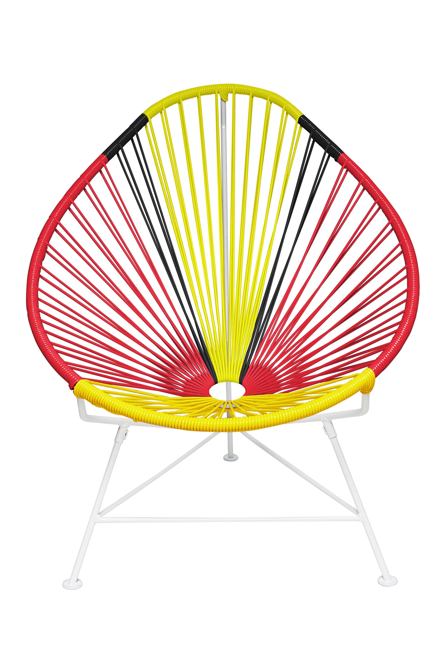 A vibrant set of Multicolor Acapulco Chairs showcasing their unique pear-shaped design and woven vinyl cord.