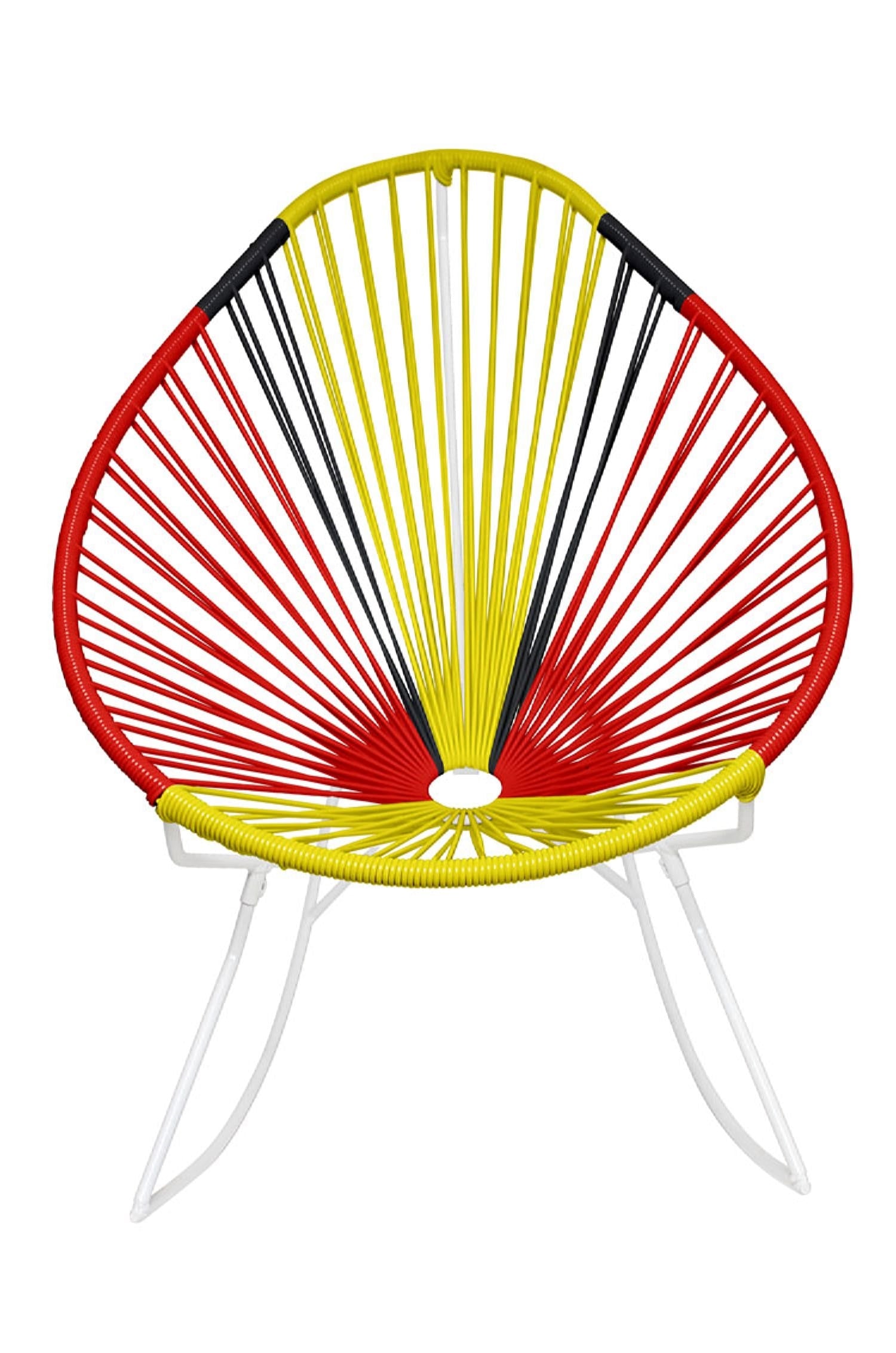 A vibrant set of Multicolor Acapulco Chairs showcasing their unique pear-shaped design and woven vinyl cord.