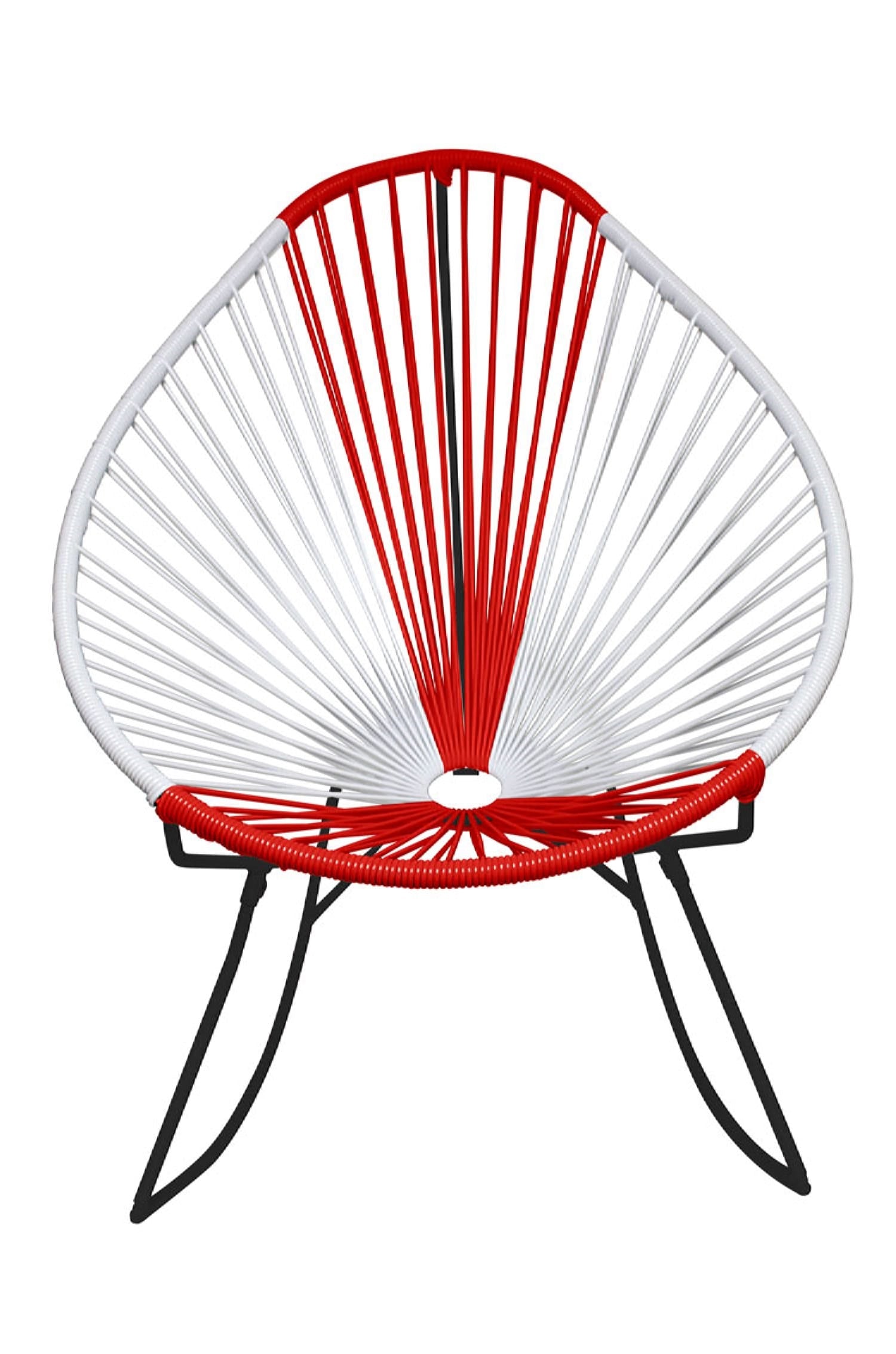 A vibrant set of Multicolor Acapulco Chairs showcasing their unique pear-shaped design and woven vinyl cord.