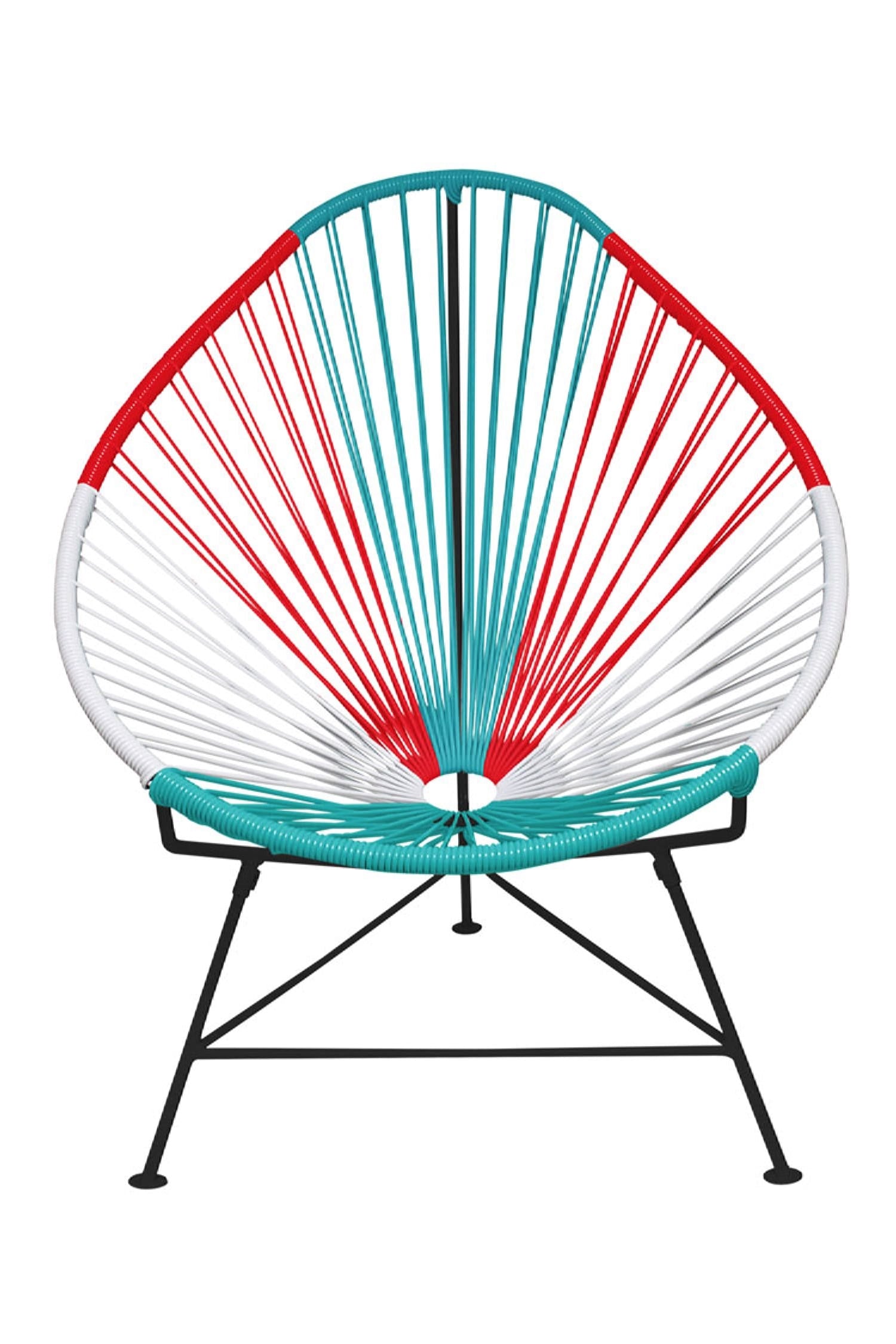 A vibrant set of Multicolor Acapulco Chairs showcasing their unique pear-shaped design and woven vinyl cord.