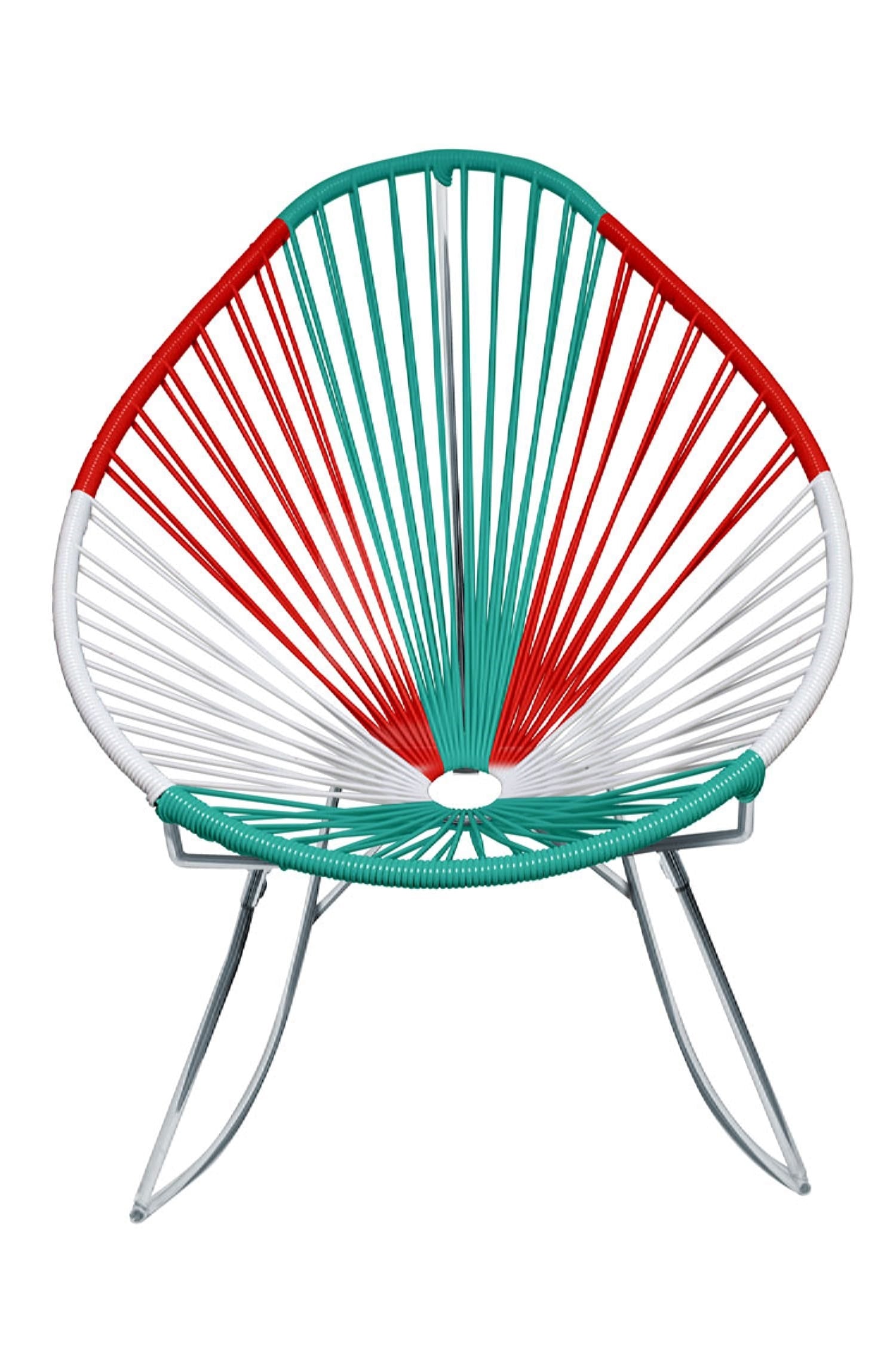 A vibrant set of Multicolor Acapulco Chairs showcasing their unique pear-shaped design and woven vinyl cord.