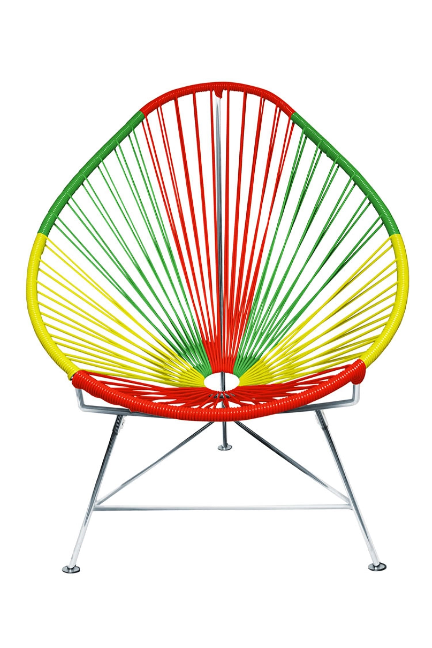 A vibrant set of Multicolor Acapulco Chairs showcasing their unique pear-shaped design and woven vinyl cord.