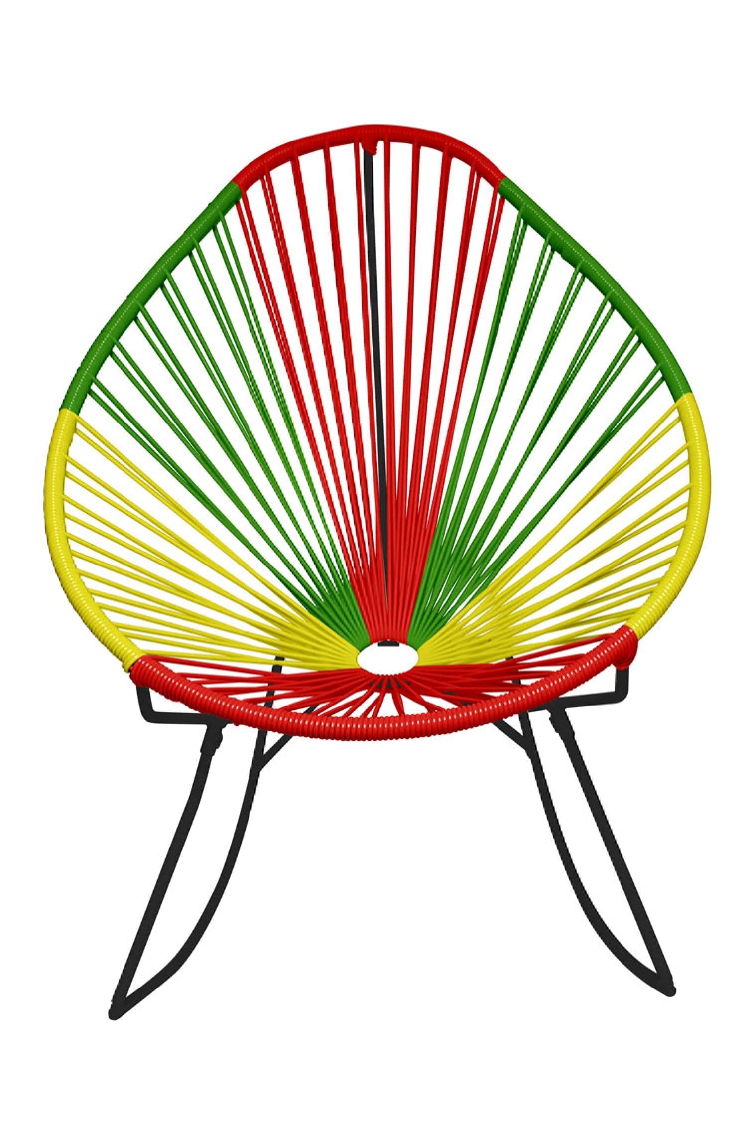 A vibrant set of Multicolor Acapulco Chairs showcasing their unique pear-shaped design and woven vinyl cord.