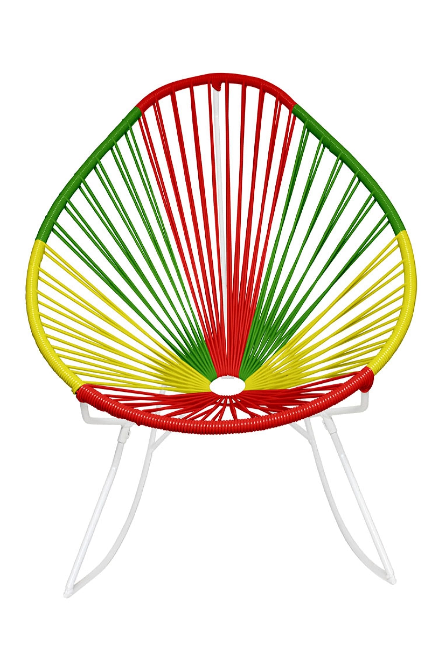A vibrant set of Multicolor Acapulco Chairs showcasing their unique pear-shaped design and woven vinyl cord.