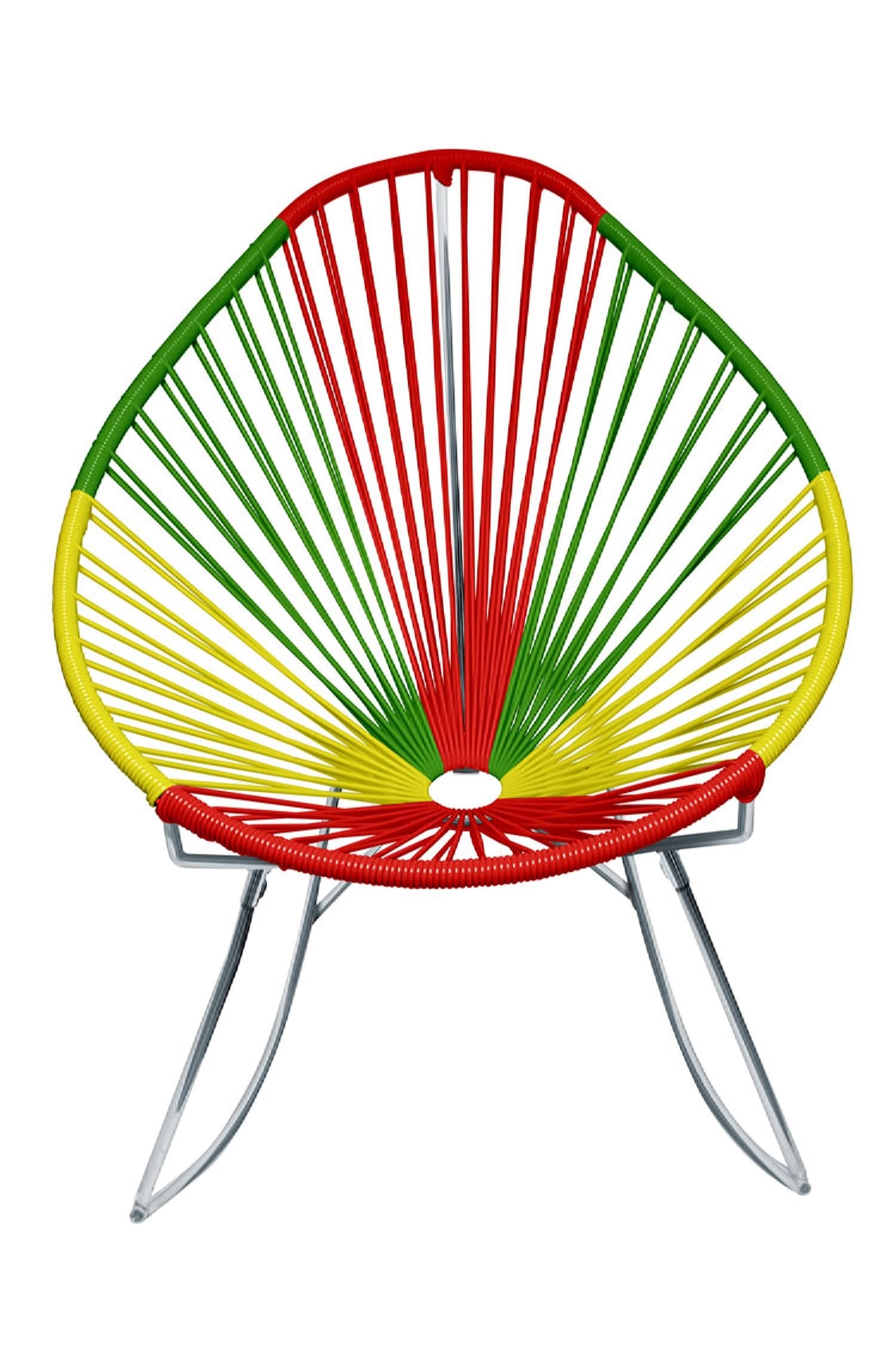 A vibrant set of Multicolor Acapulco Chairs showcasing their unique pear-shaped design and woven vinyl cord.