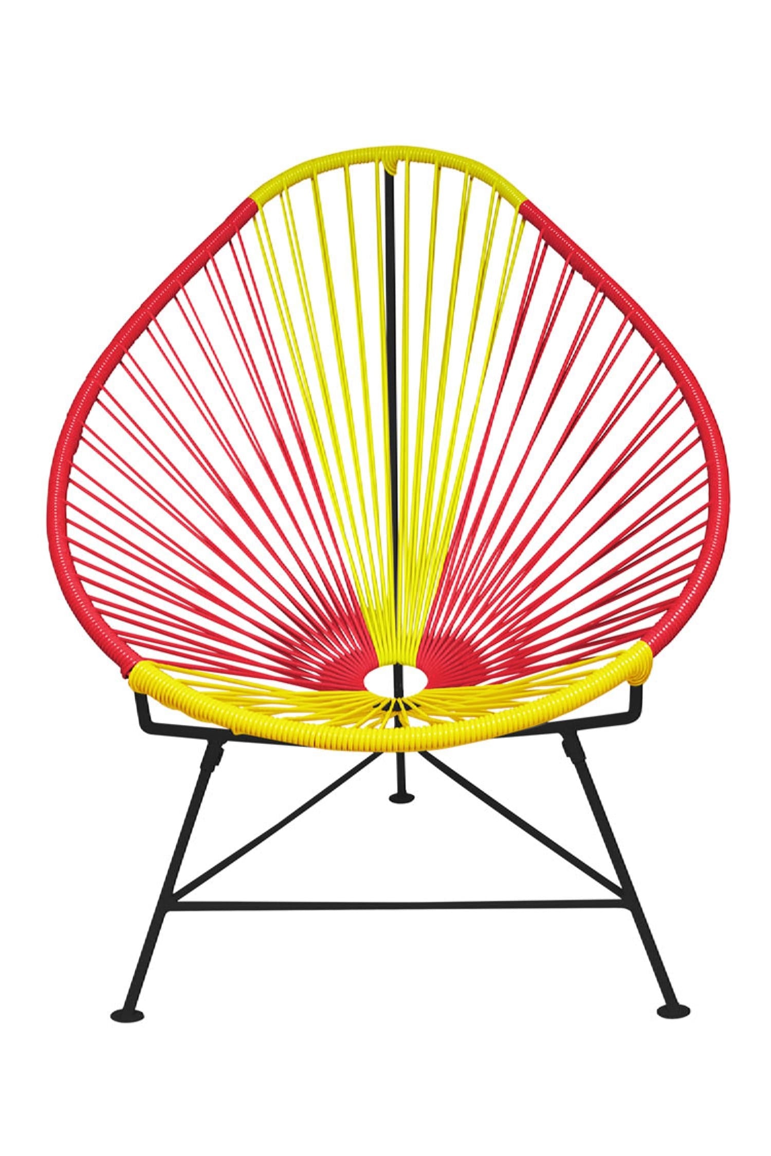 A vibrant set of Multicolor Acapulco Chairs showcasing their unique pear-shaped design and woven vinyl cord.