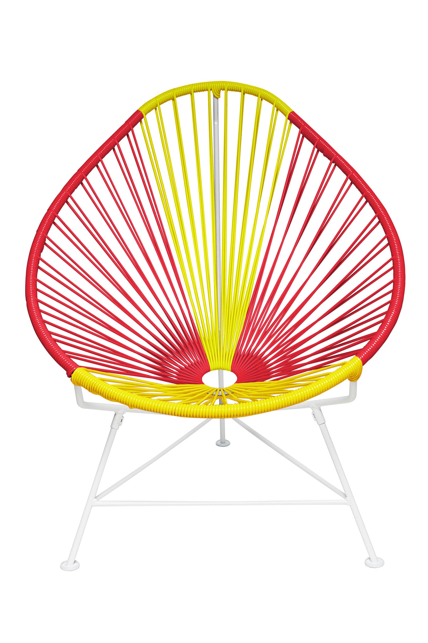 A vibrant set of Multicolor Acapulco Chairs showcasing their unique pear-shaped design and woven vinyl cord.