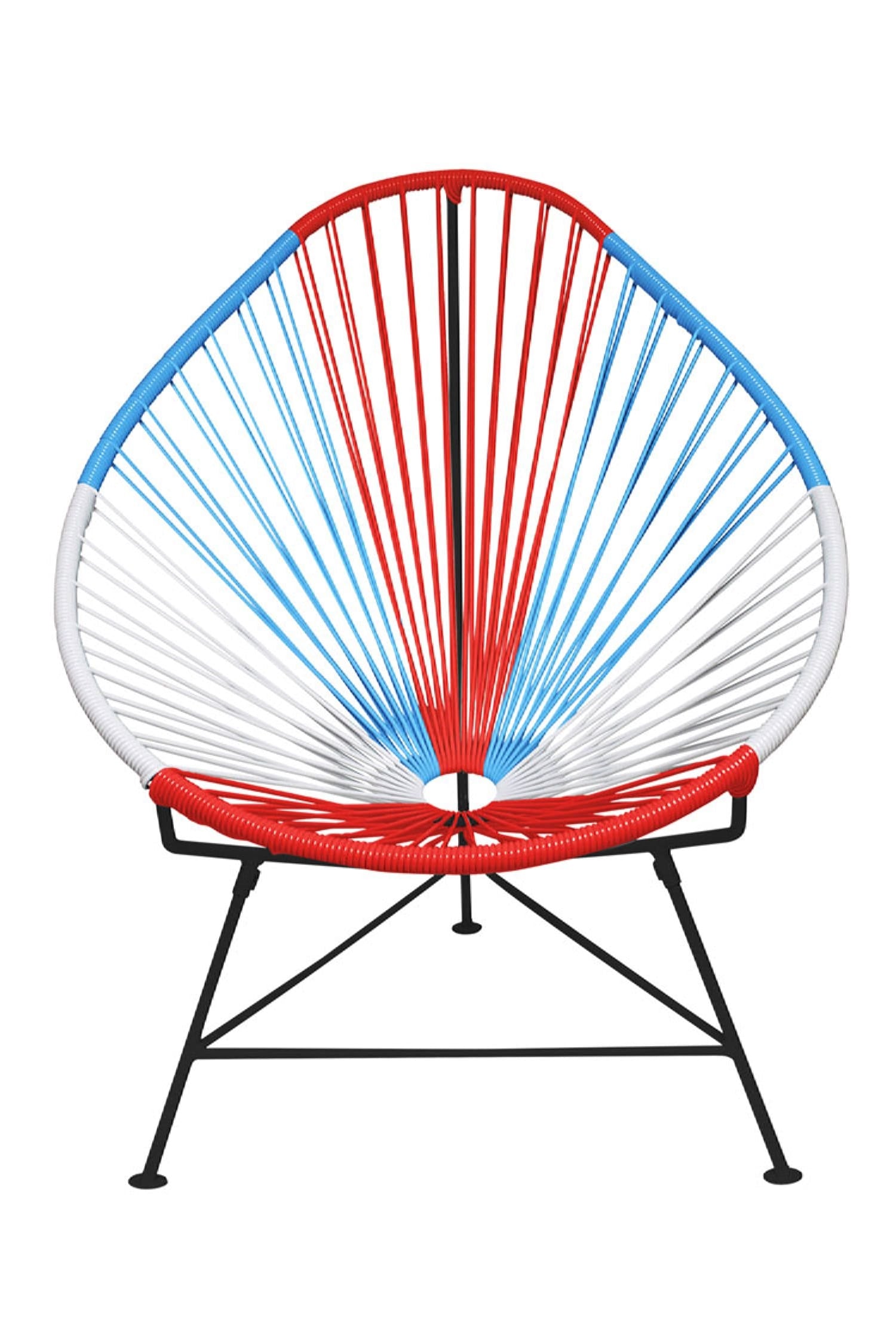 A vibrant set of Multicolor Acapulco Chairs showcasing their unique pear-shaped design and woven vinyl cord.