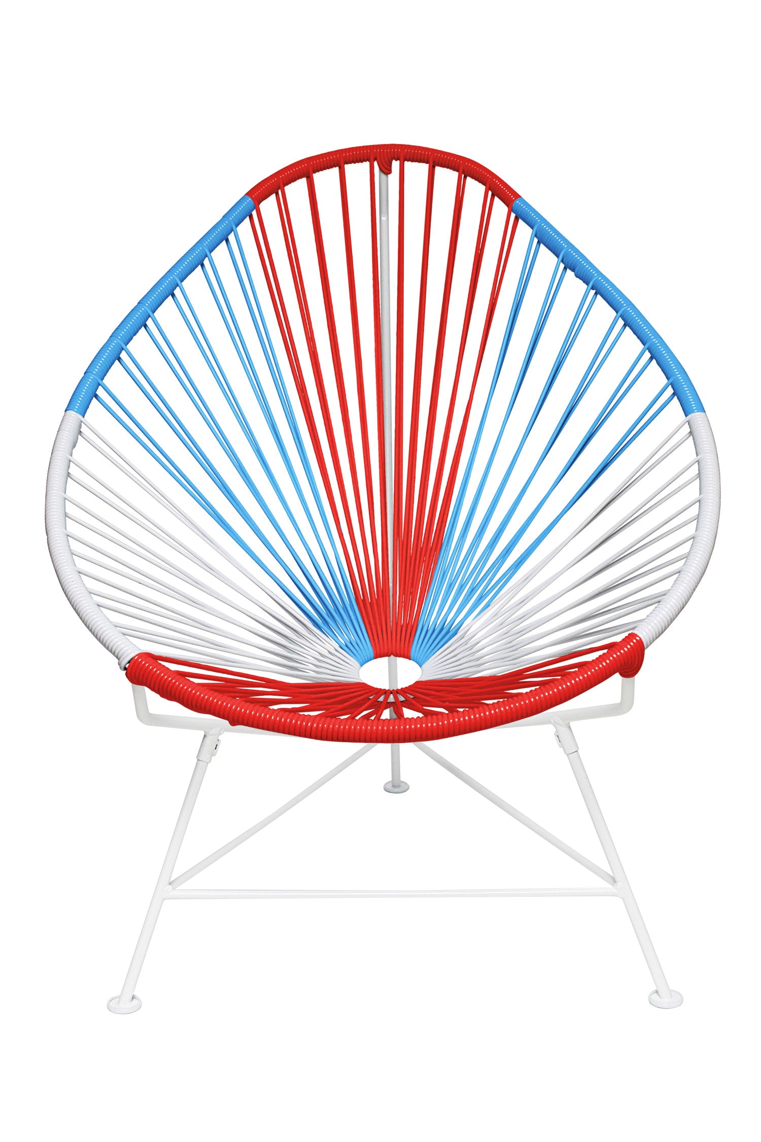 A vibrant set of Multicolor Acapulco Chairs showcasing their unique pear-shaped design and woven vinyl cord.