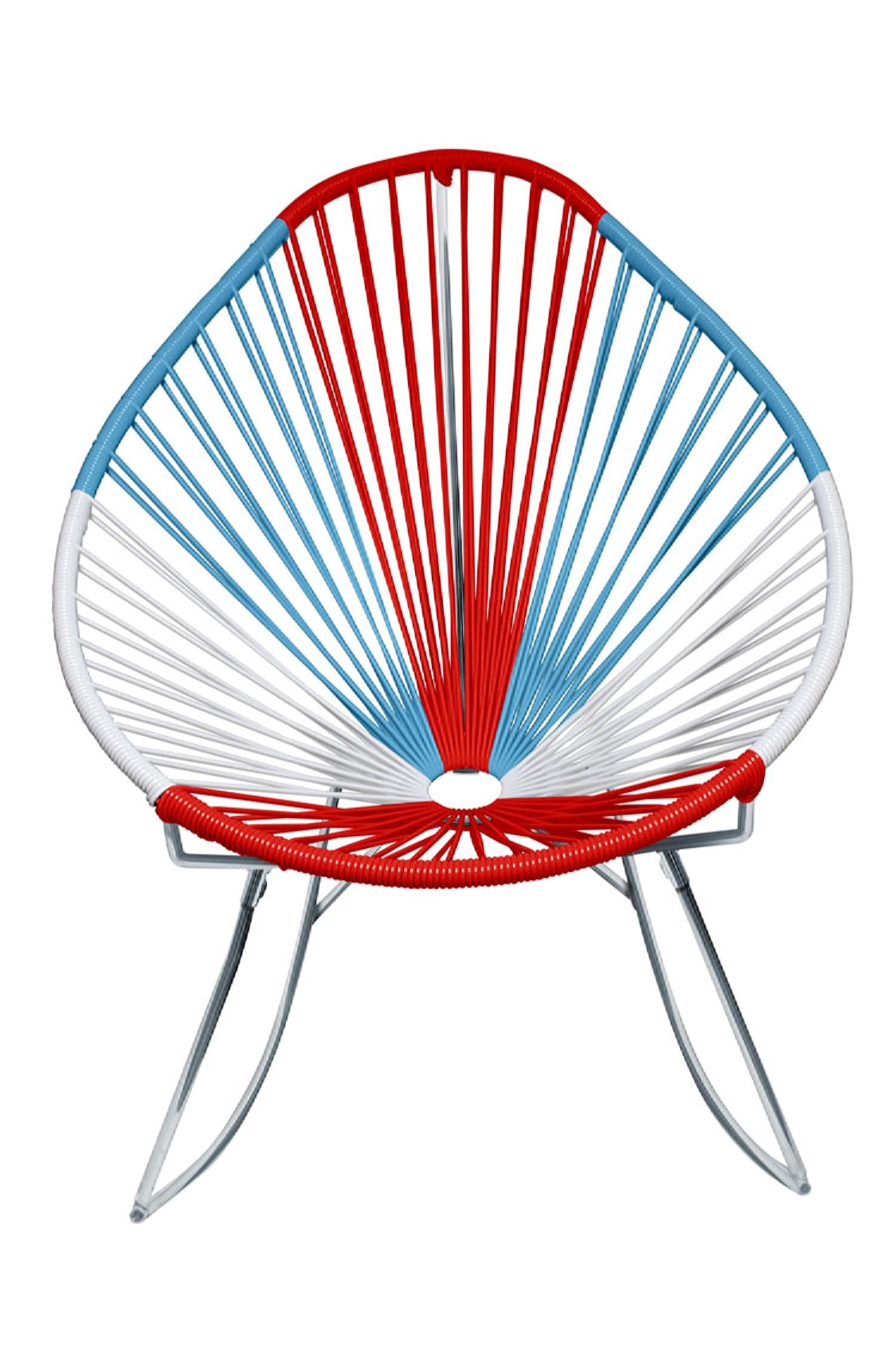 A vibrant set of Multicolor Acapulco Chairs showcasing their unique pear-shaped design and woven vinyl cord.