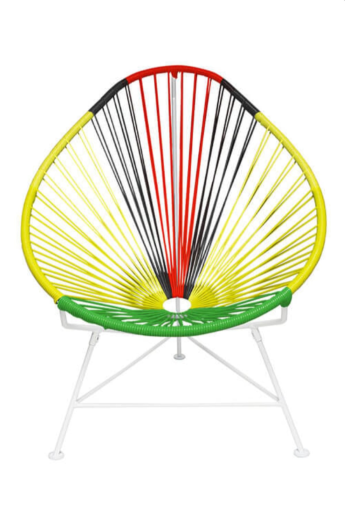 A vibrant set of Multicolor Acapulco Chairs showcasing their unique pear-shaped design and woven vinyl cord.