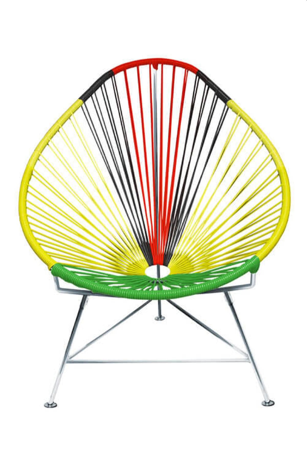A vibrant set of Multicolor Acapulco Chairs showcasing their unique pear-shaped design and woven vinyl cord.