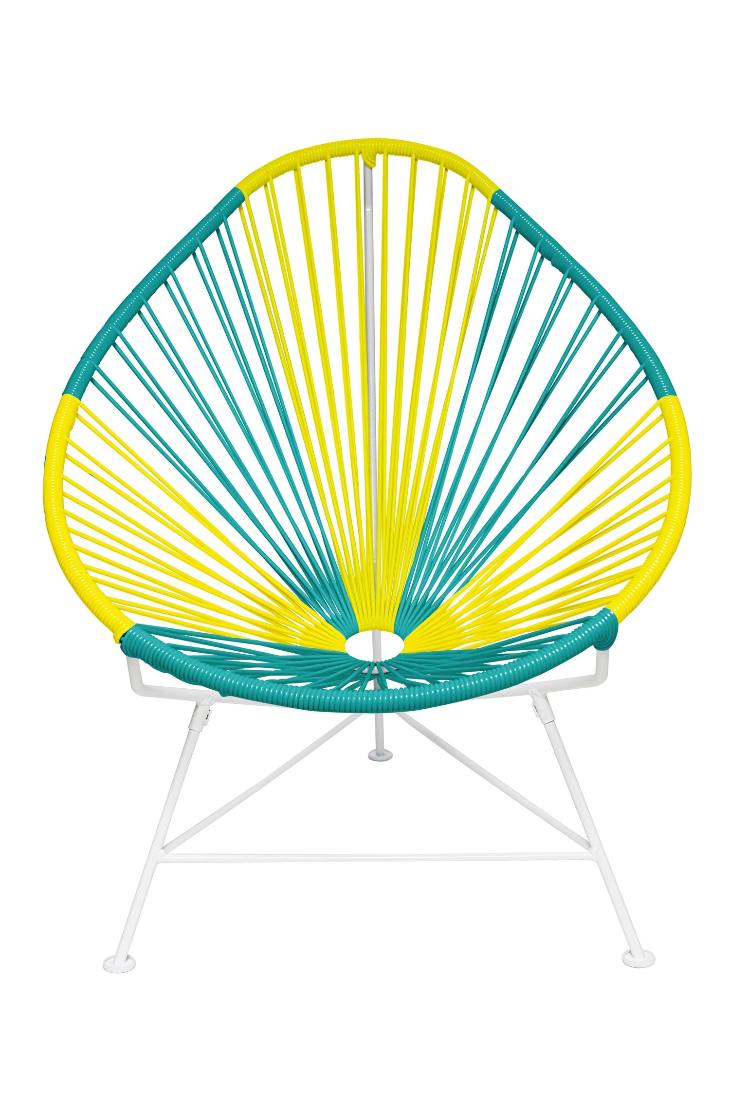 A vibrant set of Multicolor Acapulco Chairs showcasing their unique pear-shaped design and woven vinyl cord.