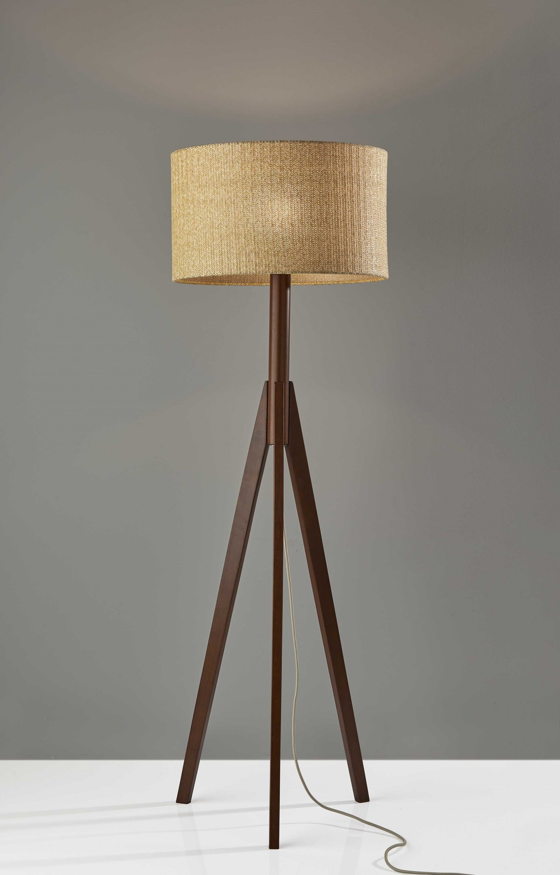 Natural Chunky Tripod Floor Lamp with walnut wood base and grey felt shade, showcasing its modern design and sturdy tripod structure.