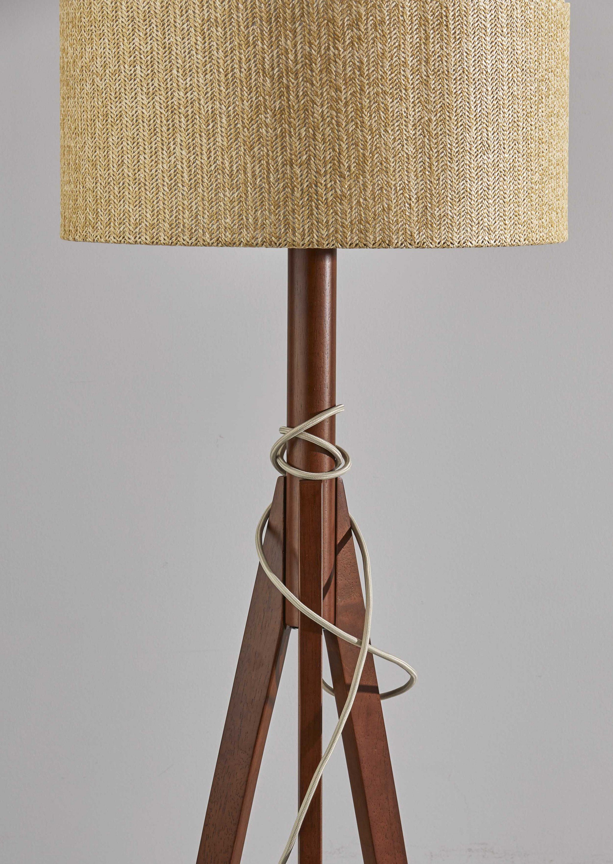 Natural Chunky Tripod Floor Lamp with walnut wood base and grey felt shade, showcasing its modern design and sturdy tripod structure.