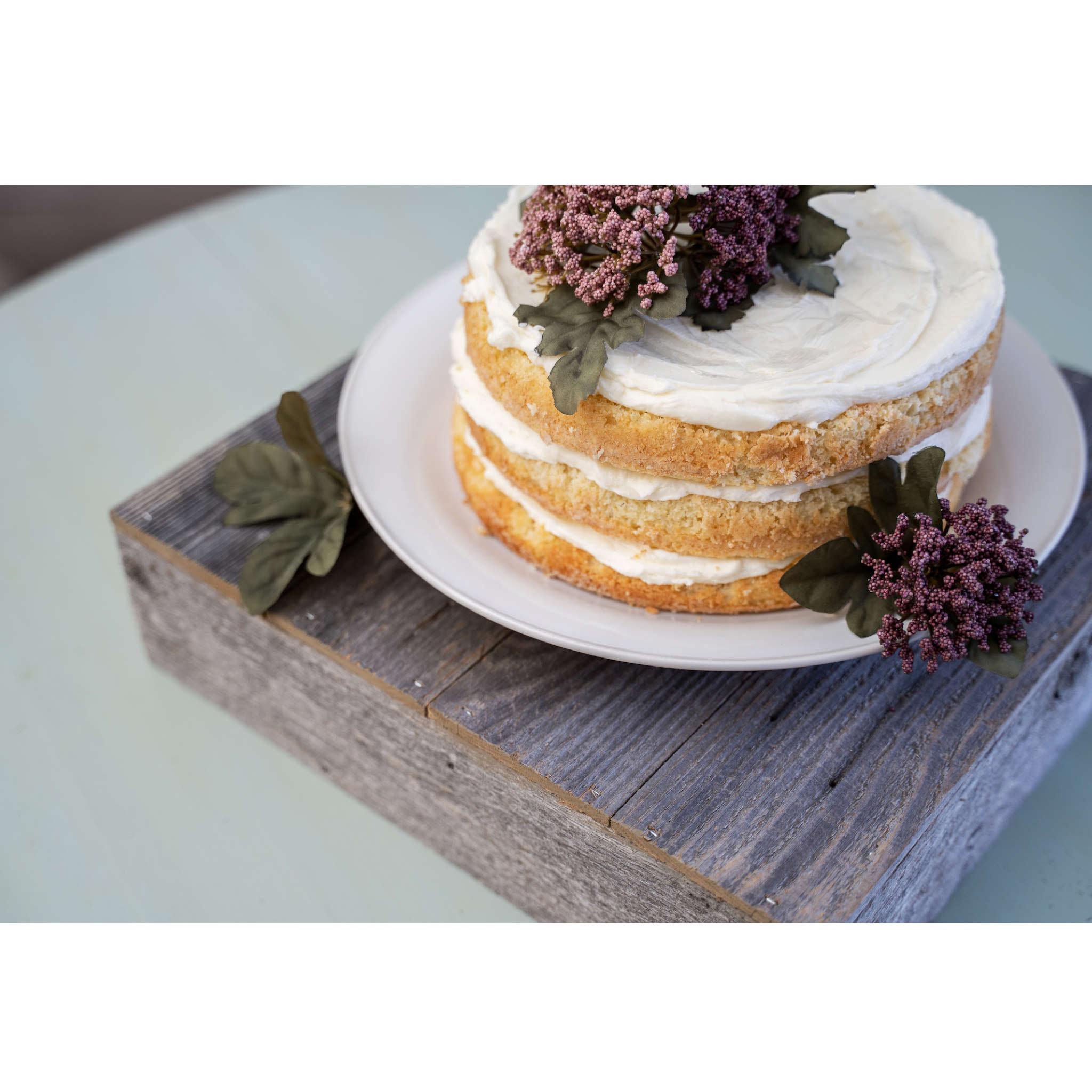 Natural Weathered Gray Cake Stand made from reclaimed wood, showcasing a rustic design perfect for farmhouse weddings.