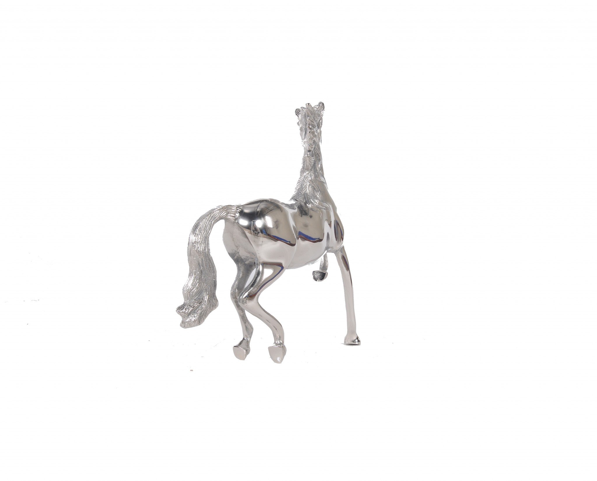 A stunning nickel plated aluminum horse sculpture with a realistic mane and tail, showcasing high polish and intricate details.