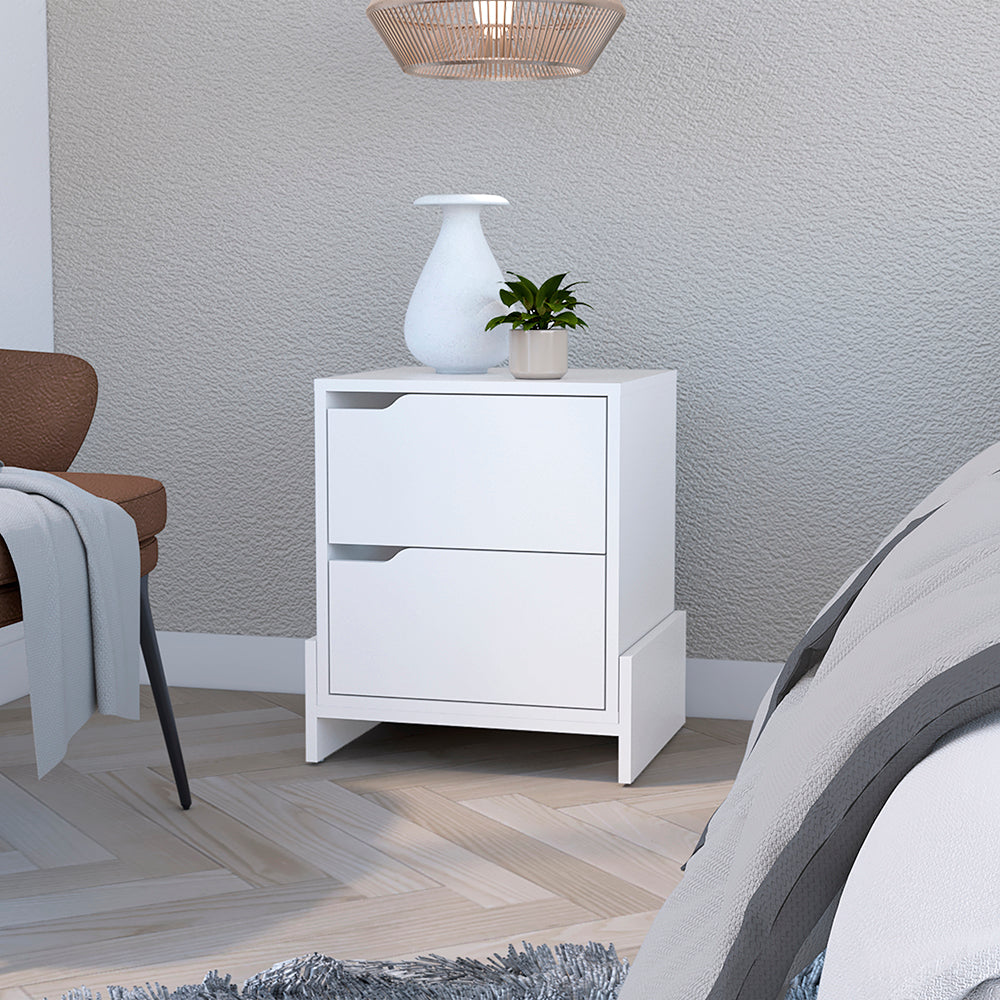 Brookland Nightstand with double drawers in white and macadamia finish, showcasing its sturdy design and elegant style.