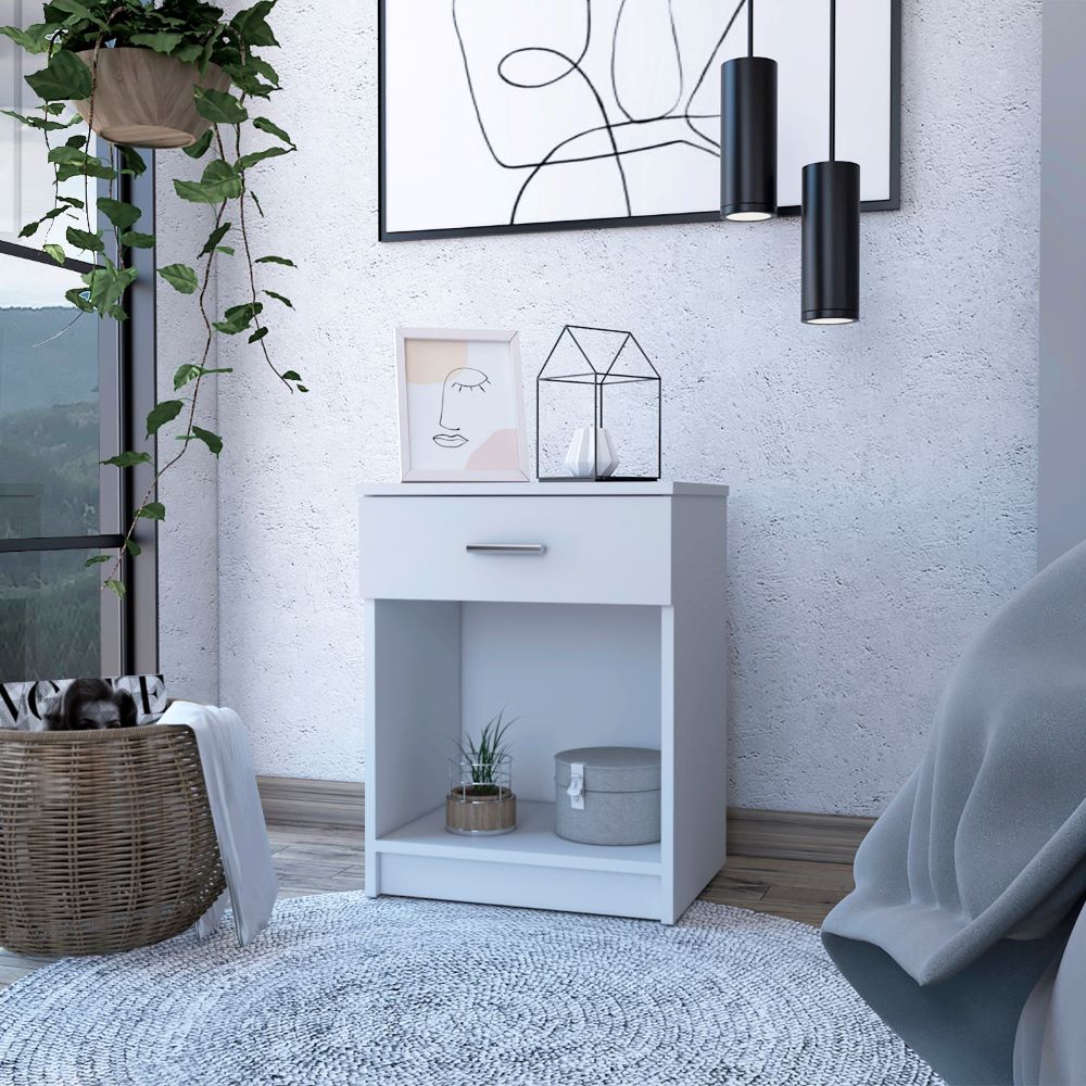 Coco Nightstand in elegant snow white finish with a single drawer and lower shelf, perfect for bedroom organization.