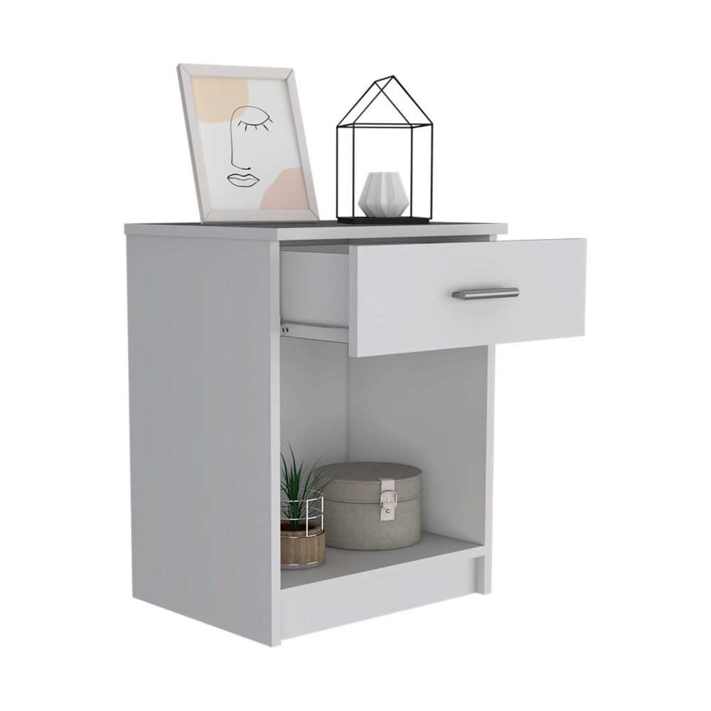 Coco Nightstand in elegant snow white finish with a single drawer and lower shelf, perfect for bedroom organization.