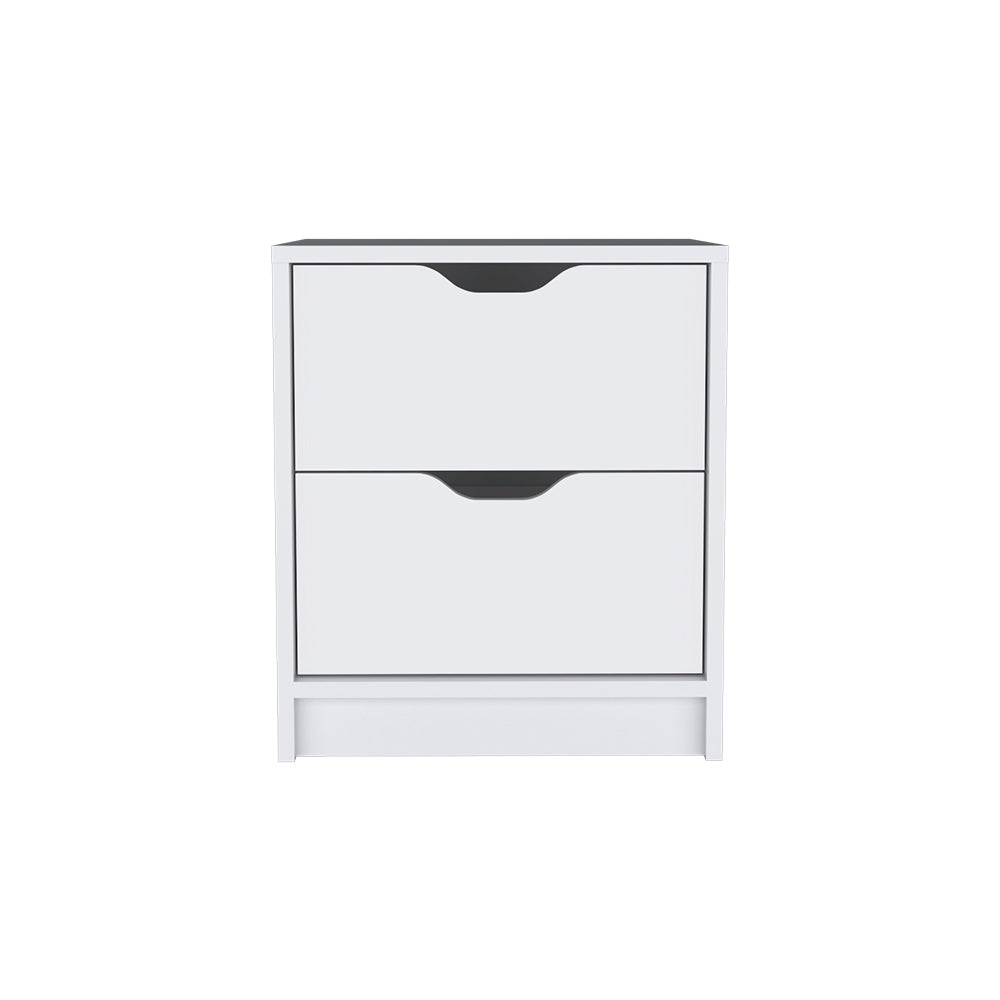 Gandu Nightstand with two drawers in white finish, showcasing its elegant design and compact size.