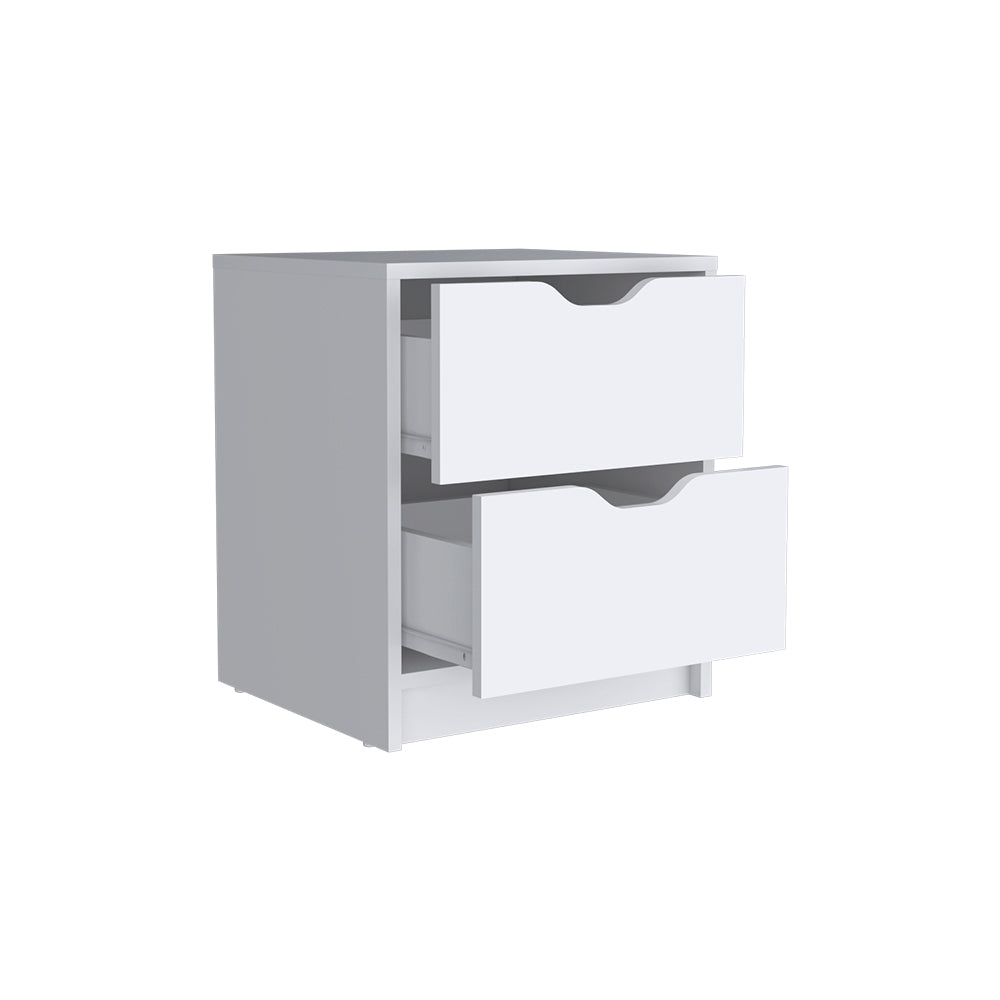 Gandu Nightstand with two drawers in white finish, showcasing its elegant design and compact size.