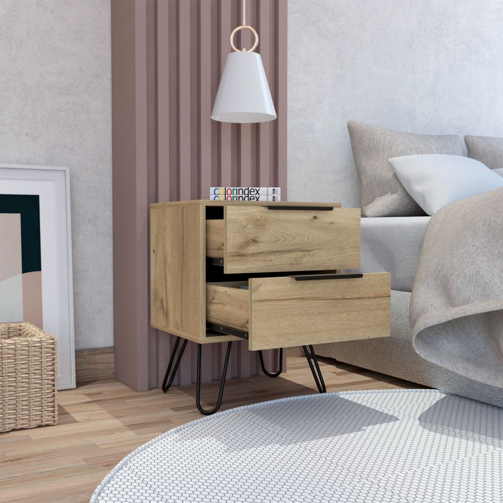 Skyoner 2 Nightstand with Harpin Legs, featuring two drawers and a light oak finish, perfect for bedroom organization.