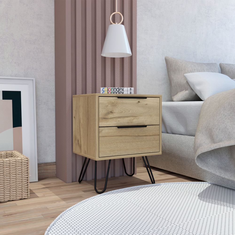 Skyoner 2 Nightstand with Harpin Legs, featuring two drawers and a light oak finish, perfect for bedroom organization.