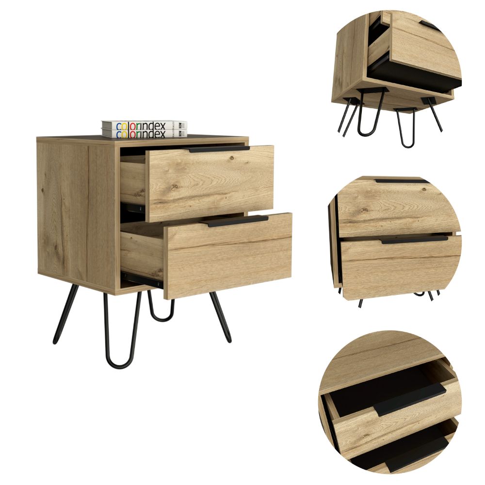 Skyoner 2 Nightstand with Harpin Legs, featuring two drawers and a light oak finish, perfect for bedroom organization.