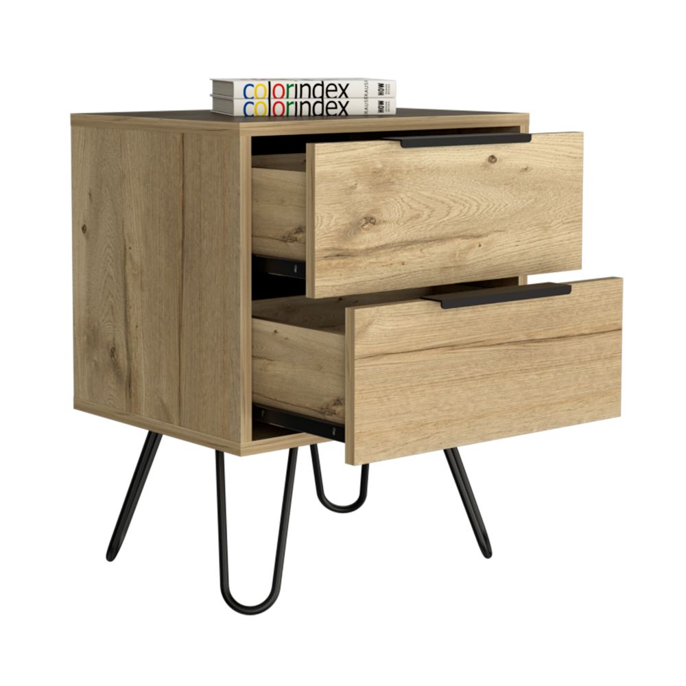 Skyoner 2 Nightstand with Harpin Legs, featuring two drawers and a light oak finish, perfect for bedroom organization.