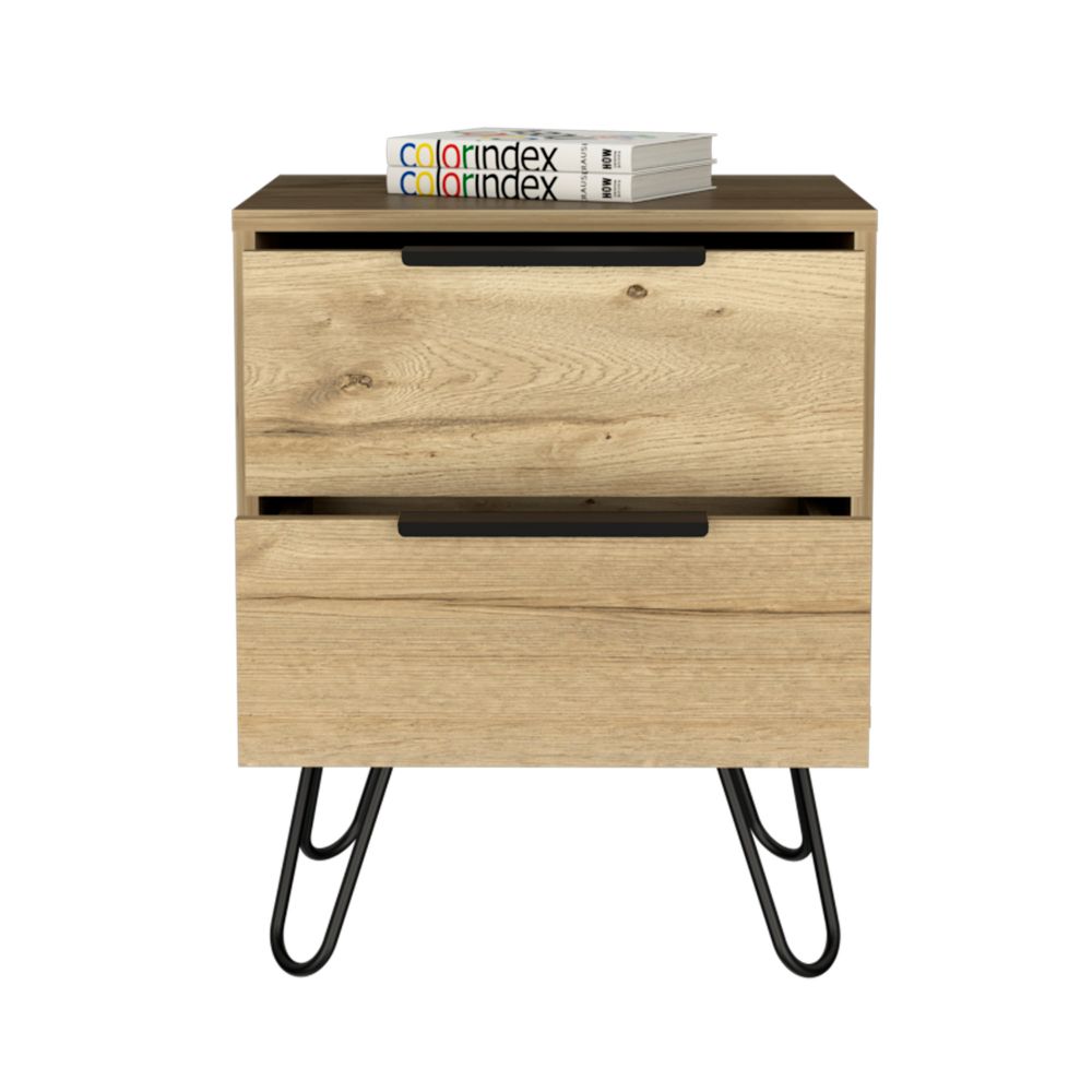 Skyoner 2 Nightstand with Harpin Legs, featuring two drawers and a light oak finish, perfect for bedroom organization.