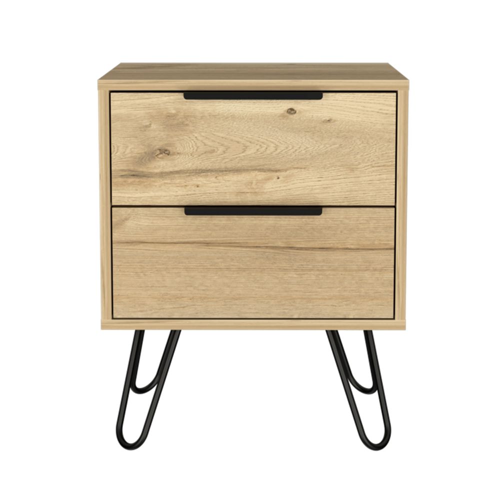 Skyoner 2 Nightstand with Harpin Legs, featuring two drawers and a light oak finish, perfect for bedroom organization.