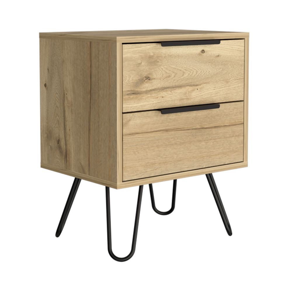 Skyoner 2 Nightstand with Harpin Legs, featuring two drawers and a light oak finish, perfect for bedroom organization.