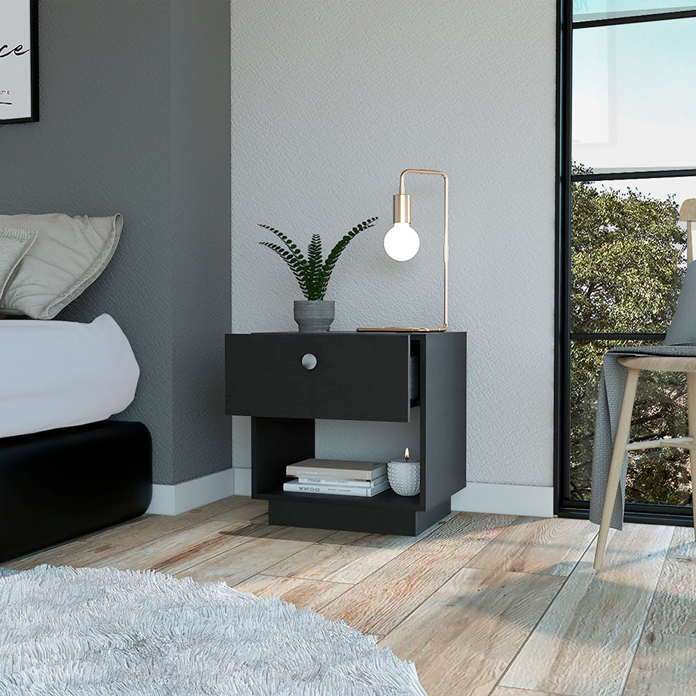 Viliigili Nightstand with one drawer and black wengue finish, showcasing its elegant design and compact size.