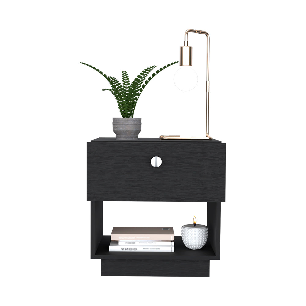 Viliigili Nightstand with one drawer and black wengue finish, showcasing its elegant design and compact size.